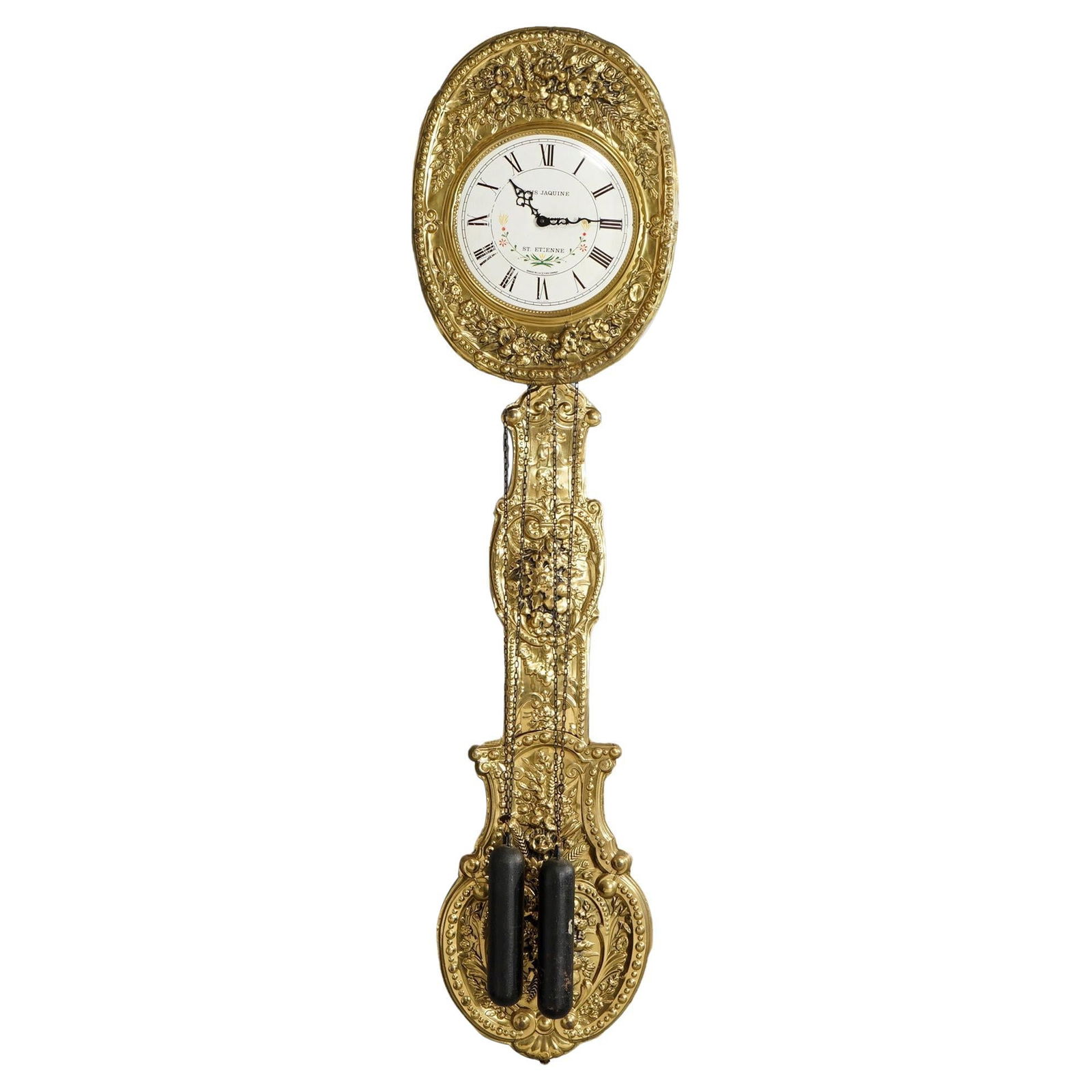 19th Century French Brass Wag-on-the-Wall Clock by Louis Jaquine: 19th Century French Brass Wag-on-the-Wall Clock by Louis Jaquine This exquisite Antique French wag-on-the-wall clock from the 19th century showcases the craftsmanship of Louis Jaquine. Constructed fro