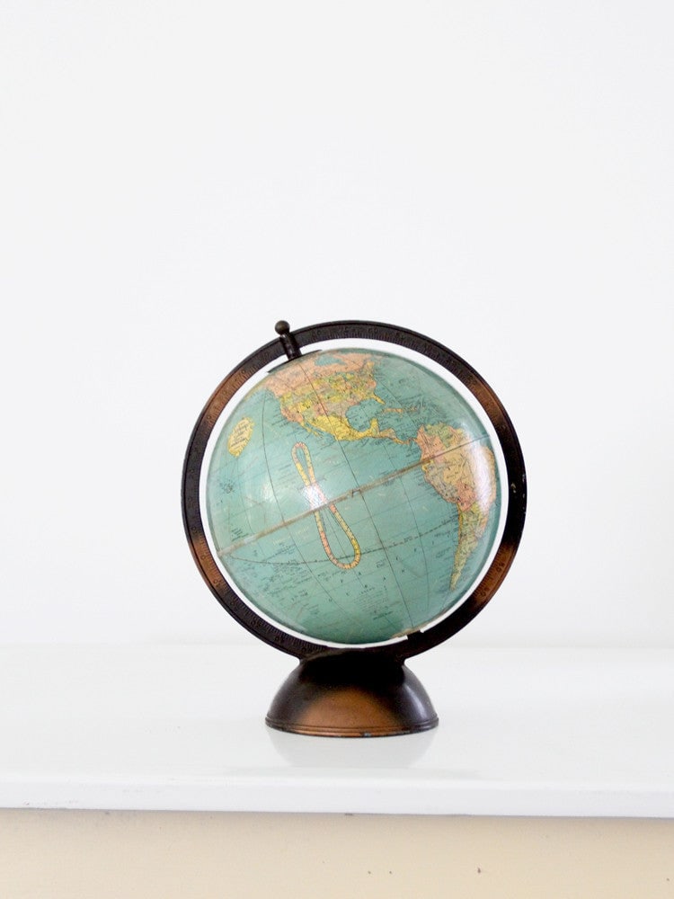 Vintage Replogle 8 Inch Standard Globe Circa 1930 Metal Base: Vintage Replogle 8 Inch Standard Globe Circa 1930 Metal Base Explore the world with this vintage Replogle 8-Inch Standard Globe from circa 1930, featuring a round metal pedestal base and a full meridi