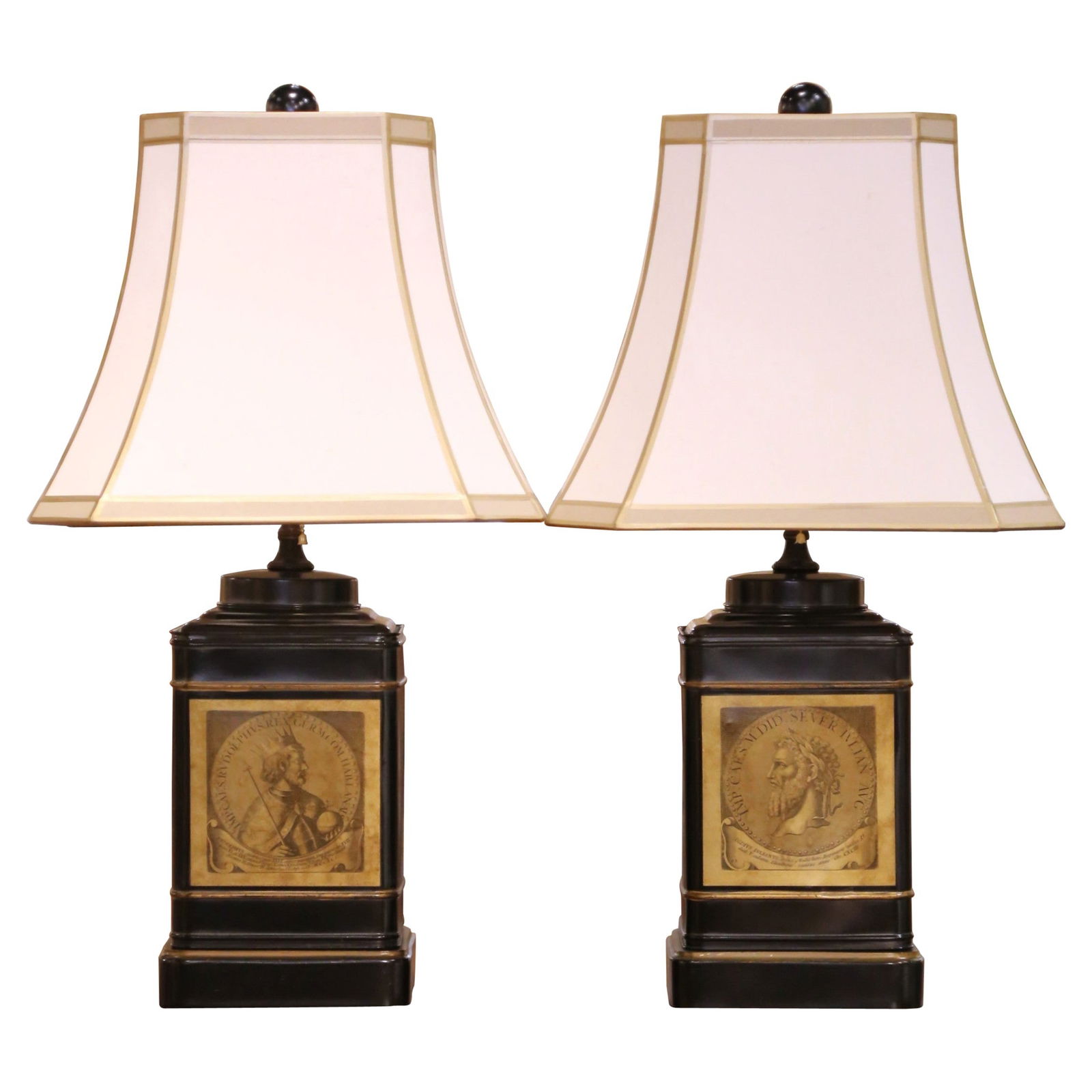 Set of 2 Victorian Black Tole Lamps with Neoclassical Medallions: Set of 2 Victorian Black Tole Lamps with Neoclassical Medallions Enhance your home decor with this exquisite pair of 19th-century English Victorian black tole lamps. Crafted circa 1890, these elegant