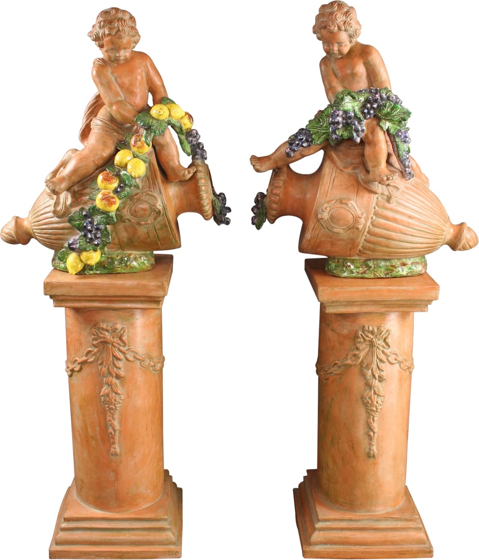 Majolica Ceccerelli Children Statues Signed Pumpkin Finish 66H 28W 15.25D (1 of 18)