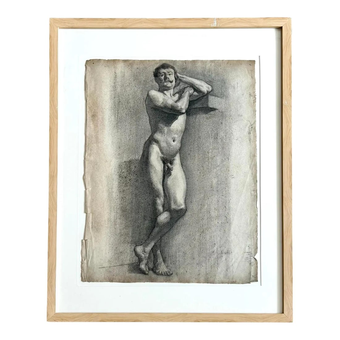 Vintage Charcoal Nude Male Figure Drawing 26.5 x 34: Vintage Charcoal Nude Male Figure Drawing 26.5 x 34 This vintage charcoal drawing features a nude male figure in a moment of quiet contemplation, elegantly posed in profile with one arm resting on a r