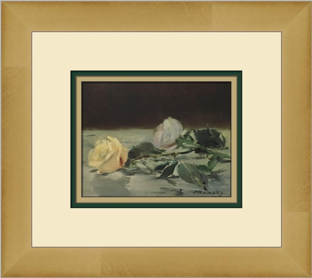 Edouard Manet Two Roses Custom Framed Print Impressionism: Edouard Manet Two Roses Custom Framed Print Impressionism This exquisite print titled "Two Roses on a Table Cloth" by Edouard Manet showcases the beauty of Impressionism. Measuring 12 in. in length an