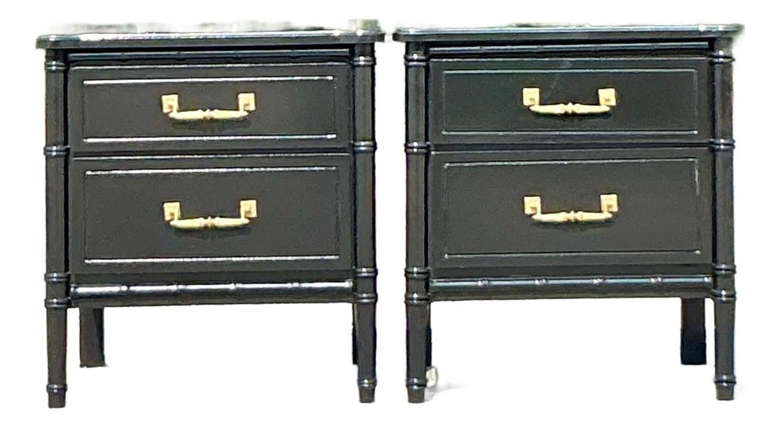 Pair of Vintage Regency Black Lacquer Faux Bamboo Nightstands: Pair of Vintage Regency Black Lacquer Faux Bamboo Nightstands This exquisite pair of Vintage Regency Lacquered Faux Bamboo Nightstands showcases a blend of sleek sophistication and timeless Hollywood