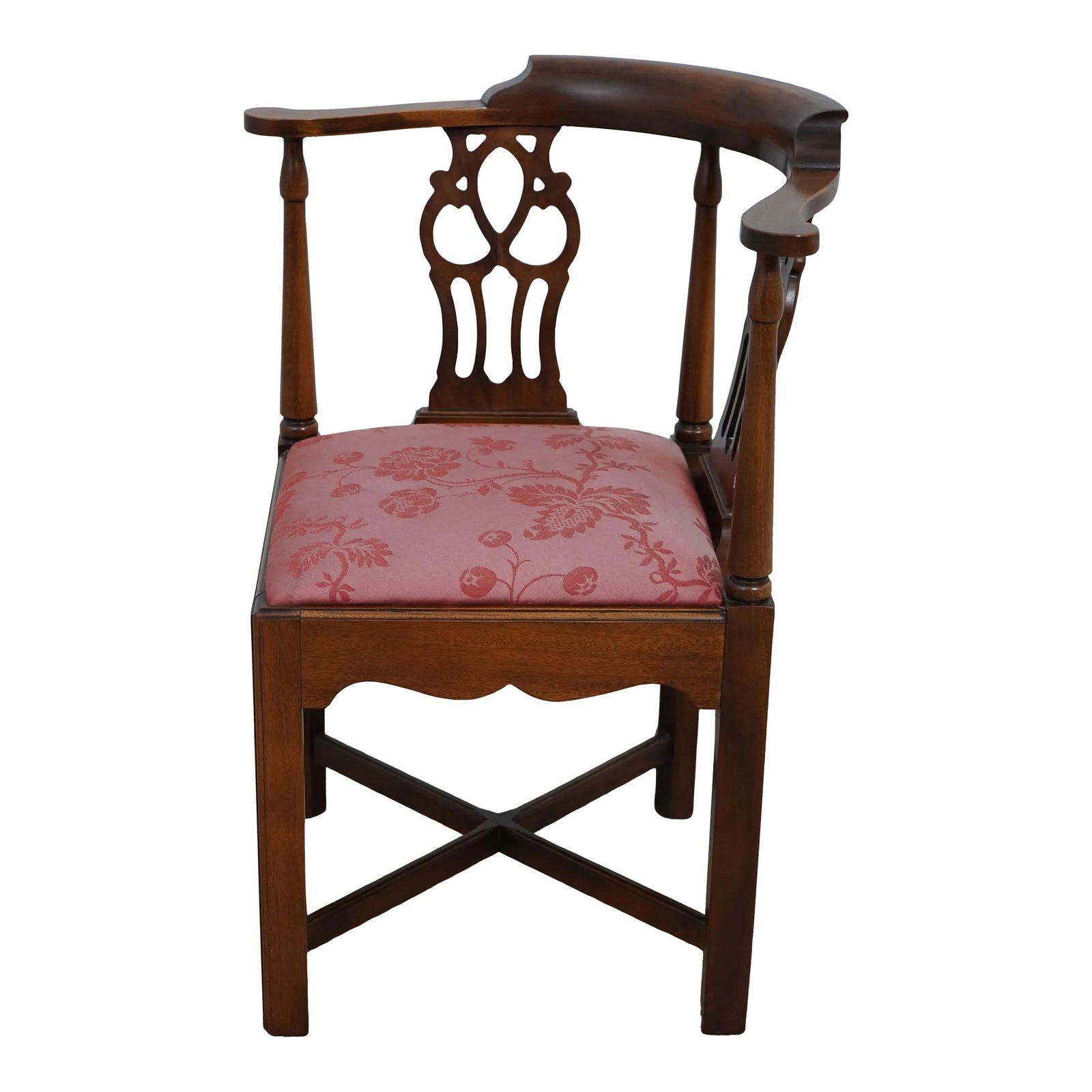 Elegant Chippendale Mahogany Corner Chair with Damask Upholstery: Elegant Chippendale Mahogany Corner Chair with Damask Upholstery This exquisite Chippendale Mahogany Corner Chair showcases the elegance of traditional design with its solid mahogany construction and