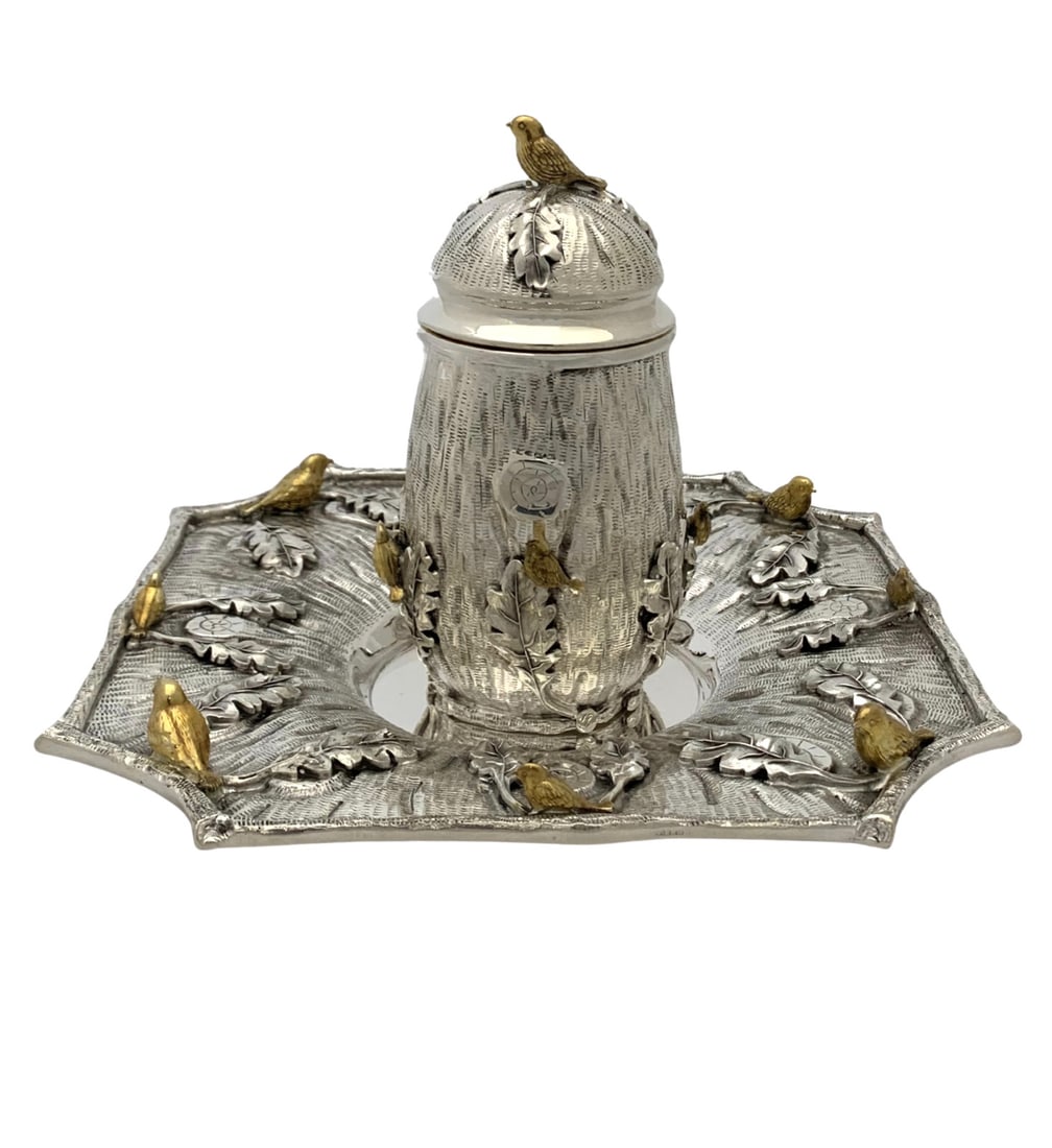 Handmade 925 Sterling Silver Gilded Bird Leaf Tree Cup Tray: Handmade 925 Sterling Silver Gilded Bird Leaf Tree Cup Tray This exquisite set features a fine 925 sterling silver cup and tray, beautifully adorned with handmade multi bird and leaf applique tree des