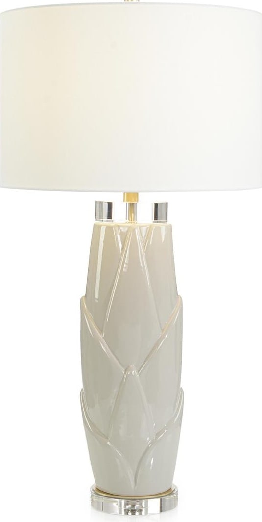 John-Richard Chic Table Lamp Gray Base Brass Harp Linen Shade: John-Richard Chic Table Lamp Gray Base Brass Harp Linen Shade Elevate your space with this chic table lamp featuring a sleek gray base and elegant brass harp. The round linen shade complements the des