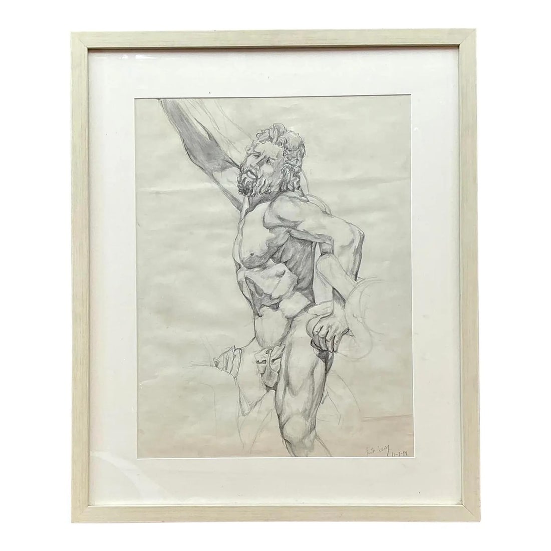 Framed Vintage Boho Pencil Sketch of Male Figure 25x30 (1 of 5)