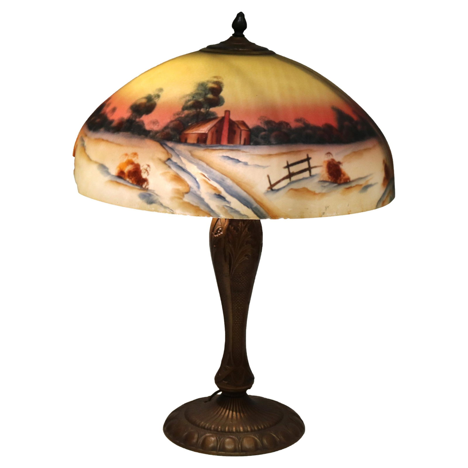 Arts & Crafts Phoenix Reverse Painted Glass Lamp c1920 Farm Scene: Arts & Crafts Phoenix Reverse Painted Glass Lamp c1920 Farm Scene Illuminate your space with this exquisite Arts & Crafts Phoenix School Reverse Painted Textured Glass Farm Scene Lamp. Standing at 21.