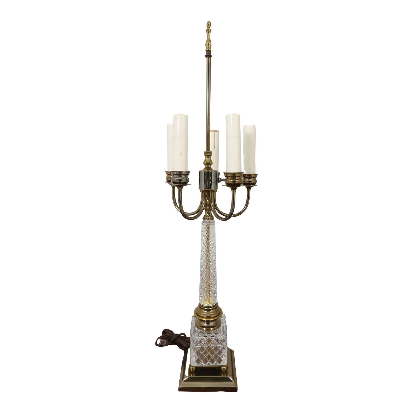 Tower Craftsmen 5 Arm Brass & Crystal Candelabra Lamp 32.5": Tower Craftsmen 5 Arm Brass & Crystal Candelabra Lamp 32.5" Illuminate your space with this stunning Tower Craftsmen Glass & Brass Candelabra Lamp, approximately 25 years old. Featuring a beautiful cu