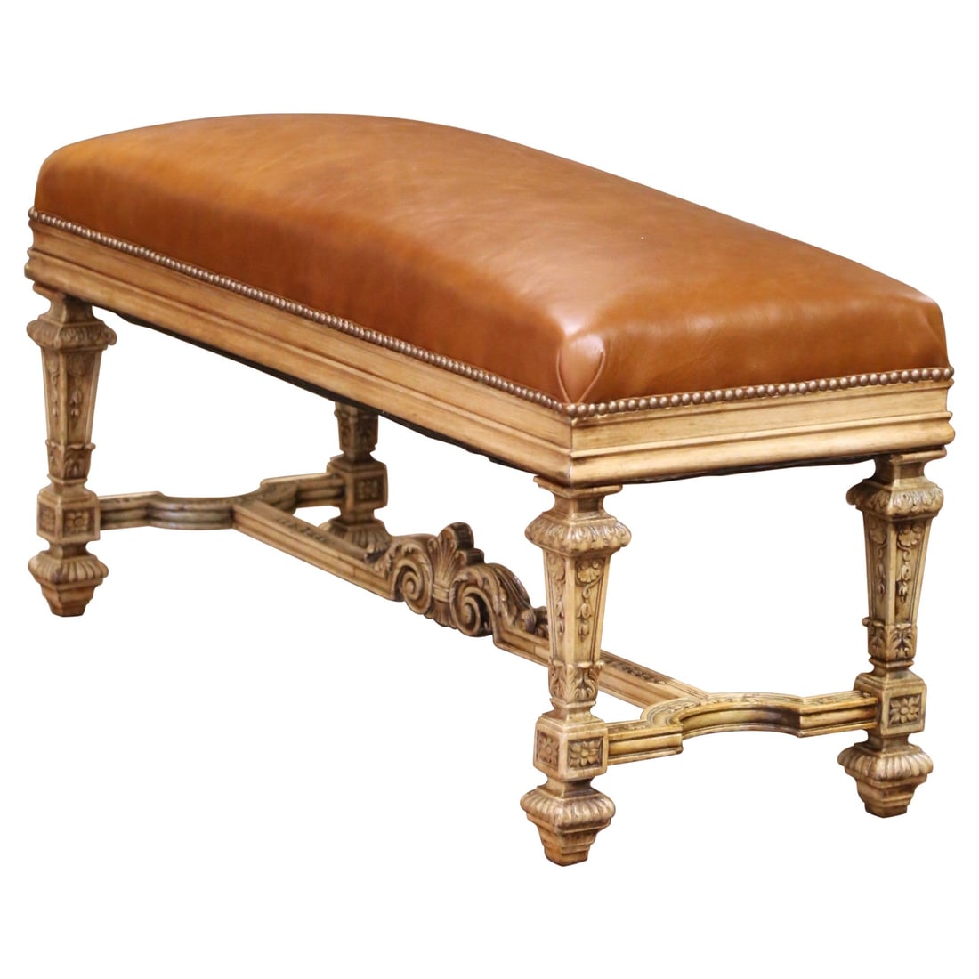 19th Century French Louis XIV Hand-Carved Bleached Oak Bench with Cognac Leather Seat: 19th Century French Louis XIV Hand-Carved Bleached Oak Bench with Cognac Leather Seat This exquisite 19th-century French bench, crafted in the Louis XIV style, showcases refined craftsmanship and rich