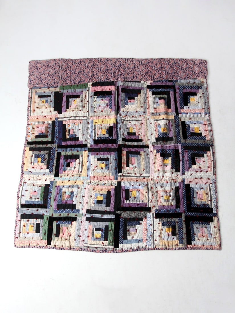 Vintage Handmade Log Cabin Quilt 74x74 Soft Tones Purple Paisley Backing: Vintage Handmade Log Cabin Quilt 74x74 Soft Tones Purple Paisley Backing This vintage handmade Log Cabin quilt showcases a timeless design crafted with a variety of fabrics in soft, muted tones. The q