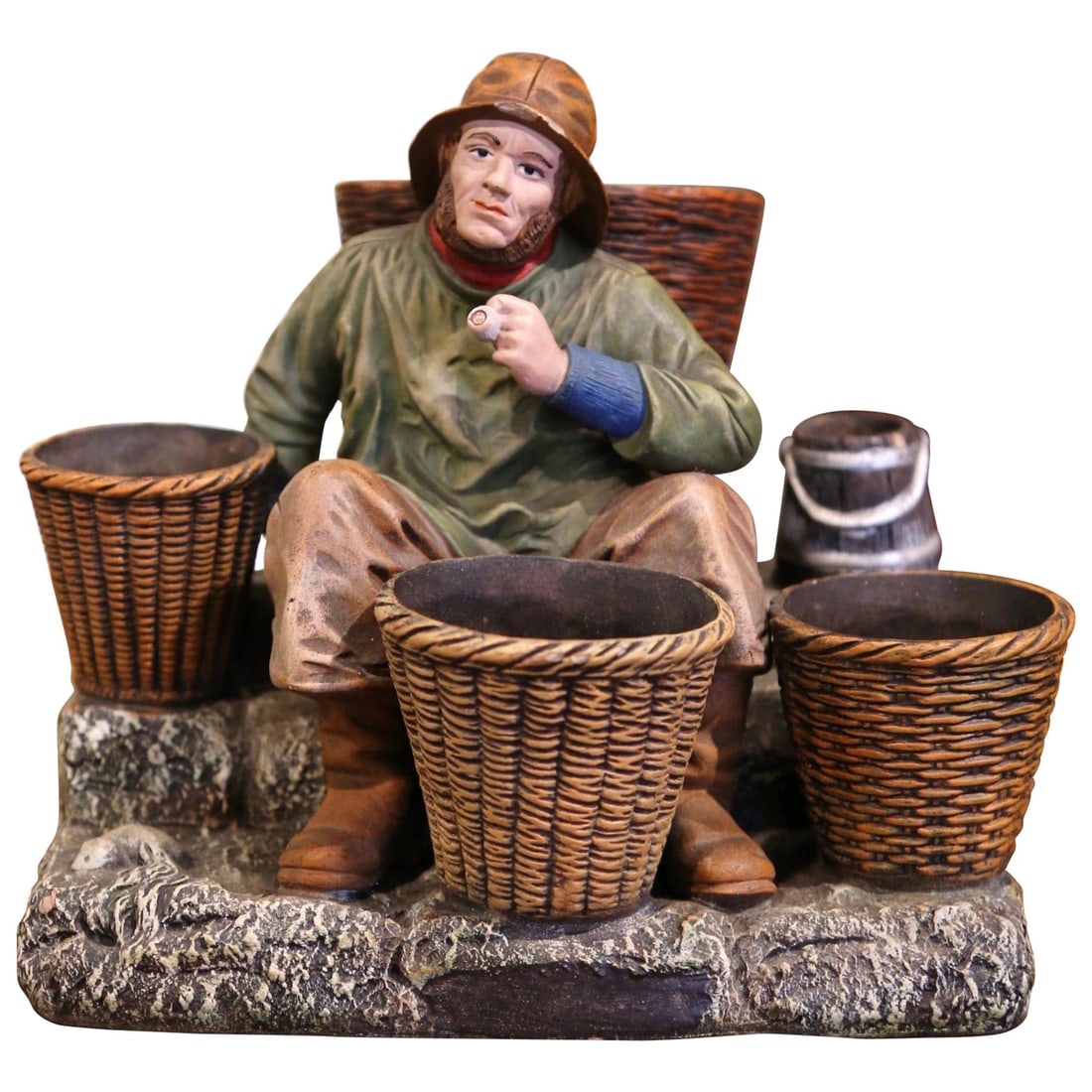 19th Century French Hand Painted Terracotta Fisherman Figurine: 19th Century French Hand Painted Terracotta Fisherman Figurine Discover this exquisite 19th Century French hand-painted polychrome terracotta figurine depicting a fisherman. Crafted circa 1890, this u