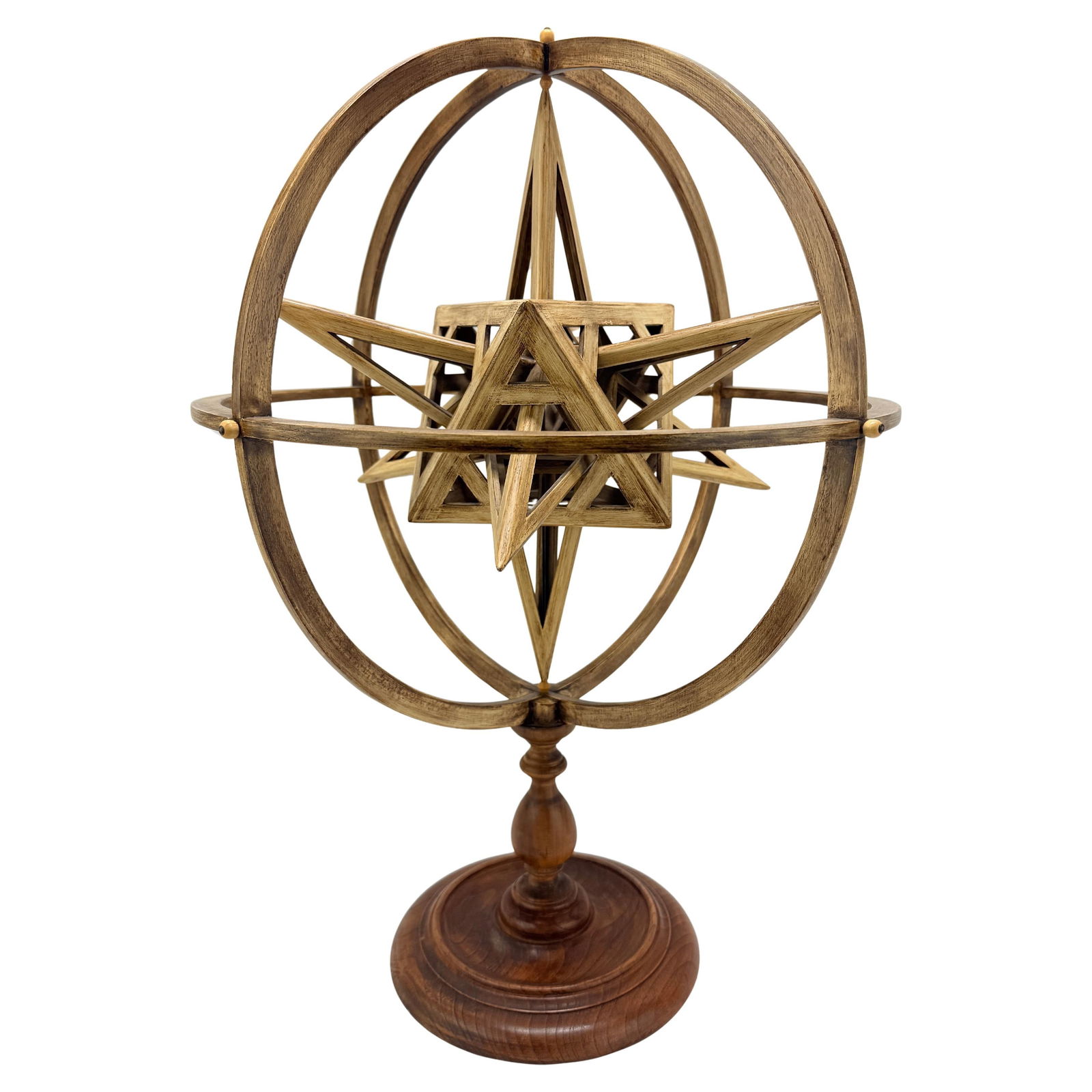 Jean-Marie Malzieu Rotating Armillary Sphere Wooden Sculpture 22.25 in France: Jean-Marie Malzieu Rotating Armillary Sphere Wooden Sculpture 22.25 in France This exquisite hand-built wooden sculpture by French artist Jean-Marie Malzieu (b. 1948) captures the essence of a celesti