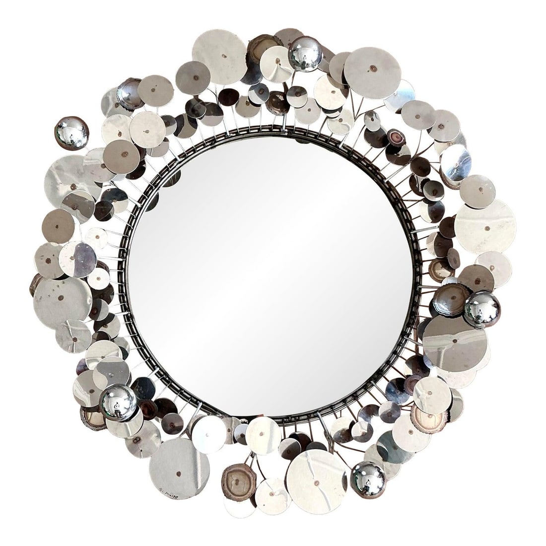 Curtis Jere Vintage Chrome Raindrops Wall Mirror Signed 34.75x33: Curtis Jere Vintage Chrome Raindrops Wall Mirror Signed 34.75x33 Discover the exquisite beauty of this Vintage Boho Signed Curtis Jere Chrome "Raindrops" Mirror. This remarkable piece is a prime examp