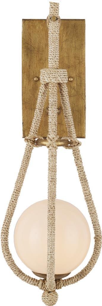 Currey Coastal Style Gold Wall Sconce with Abaca Rope Accent: Currey Coastal Style Gold Wall Sconce with Abaca Rope Accent Illuminate your space with this elegant wall sconce, designed with a coastal style in mind. The sconce features a beautiful combination of