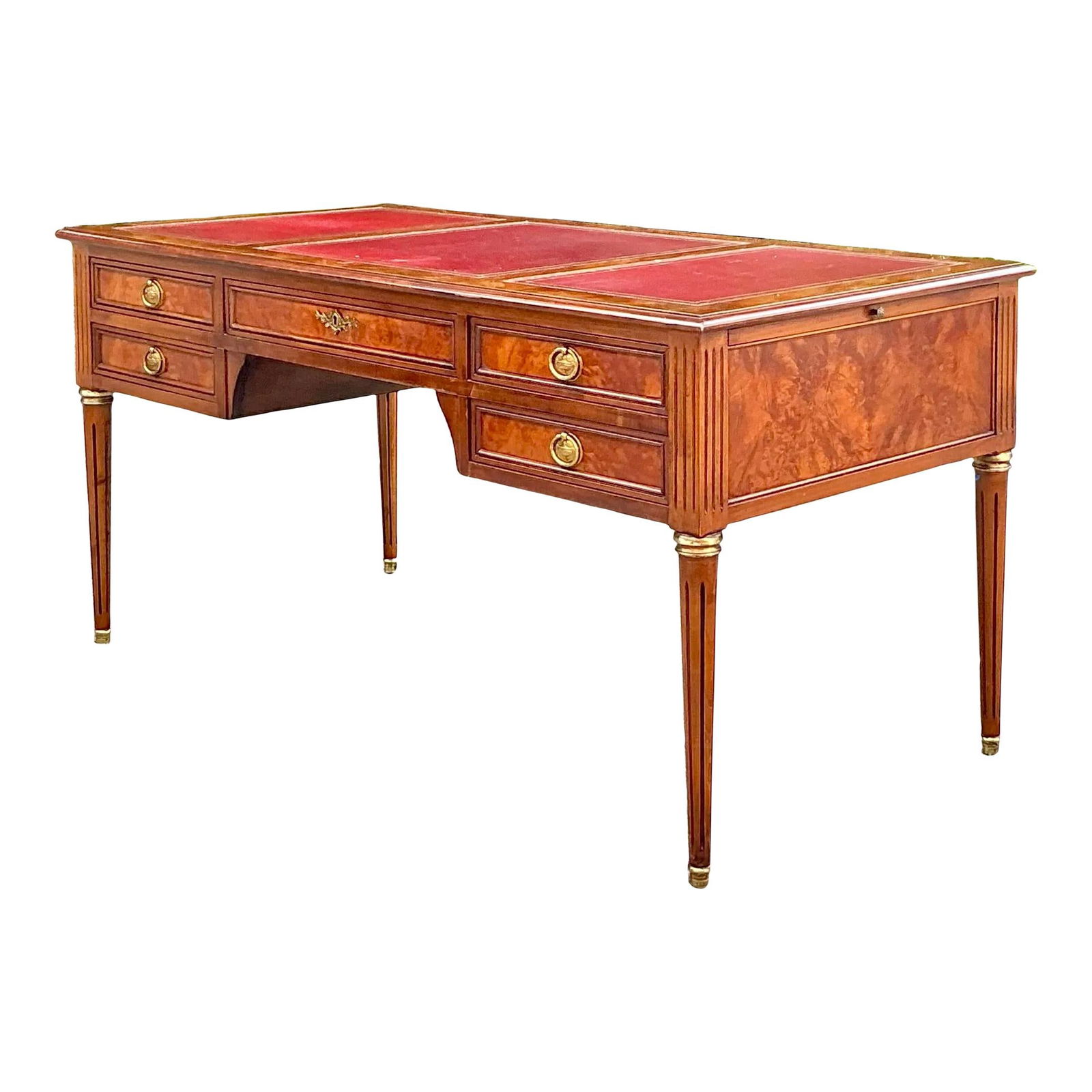 Vintage Italian Rho Leather Embossed Burl Wood Writing Desk: Vintage Italian Rho Leather Embossed Burl Wood Writing Desk Enhance your workspace with this Vintage Italian Rho Custom Leather Embossed Burl Wood Writing Desk. This exquisite piece features rich burl