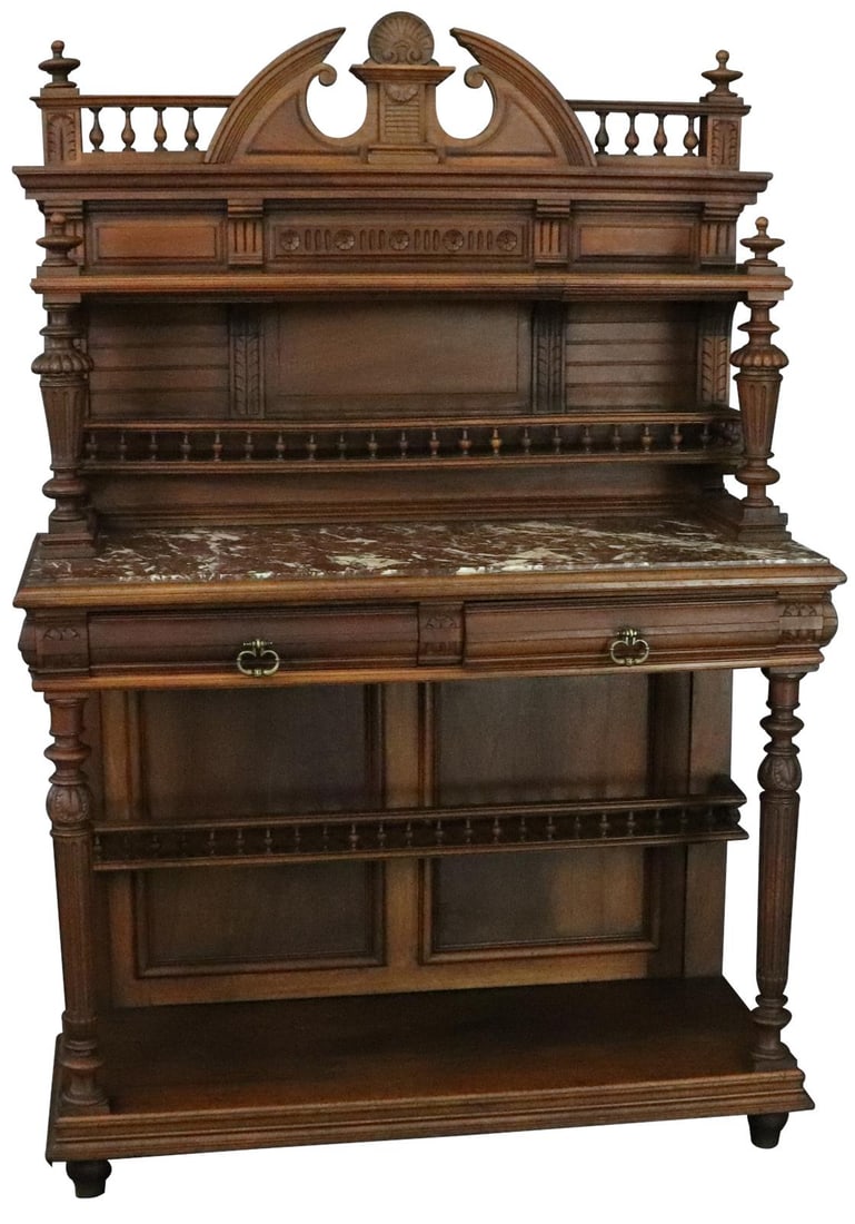 Antique French Renaissance Walnut Sideboard with Marble Top 1900: Antique French Renaissance Walnut Sideboard with Marble Top 1900 This exquisite French Renaissance Walnut Sideboard features a stunning marble top, embodying the elegant Renaissance Revival style. Cra