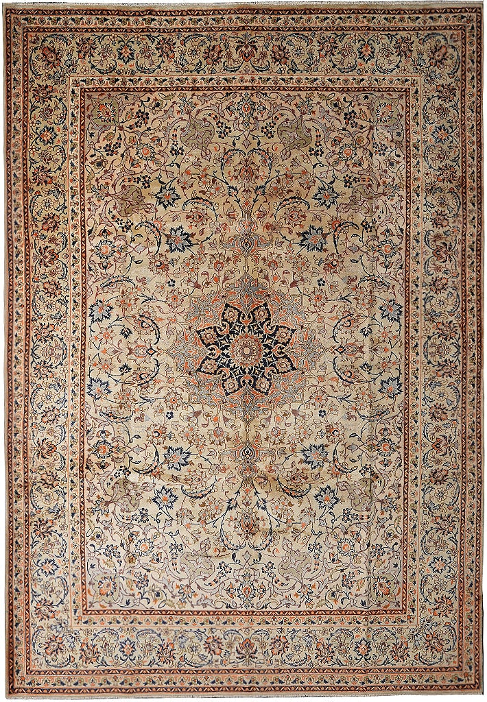 Hand-Knotted 10 x 12.10 Persian Kashan Area Rug in Beige with Floral Accents (1 of 16)