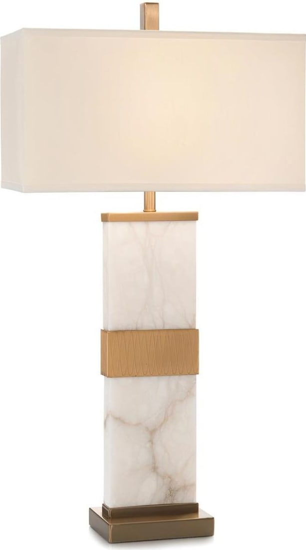 John-Richard Brass Alabaster Table Lamp with Off-White Shade: John-Richard Brass Alabaster Table Lamp with Off-White Shade Illuminate your space with this elegant Ivory Table Lamp featuring a stunning blend of alabaster and brass. Designed by John-Richard, this