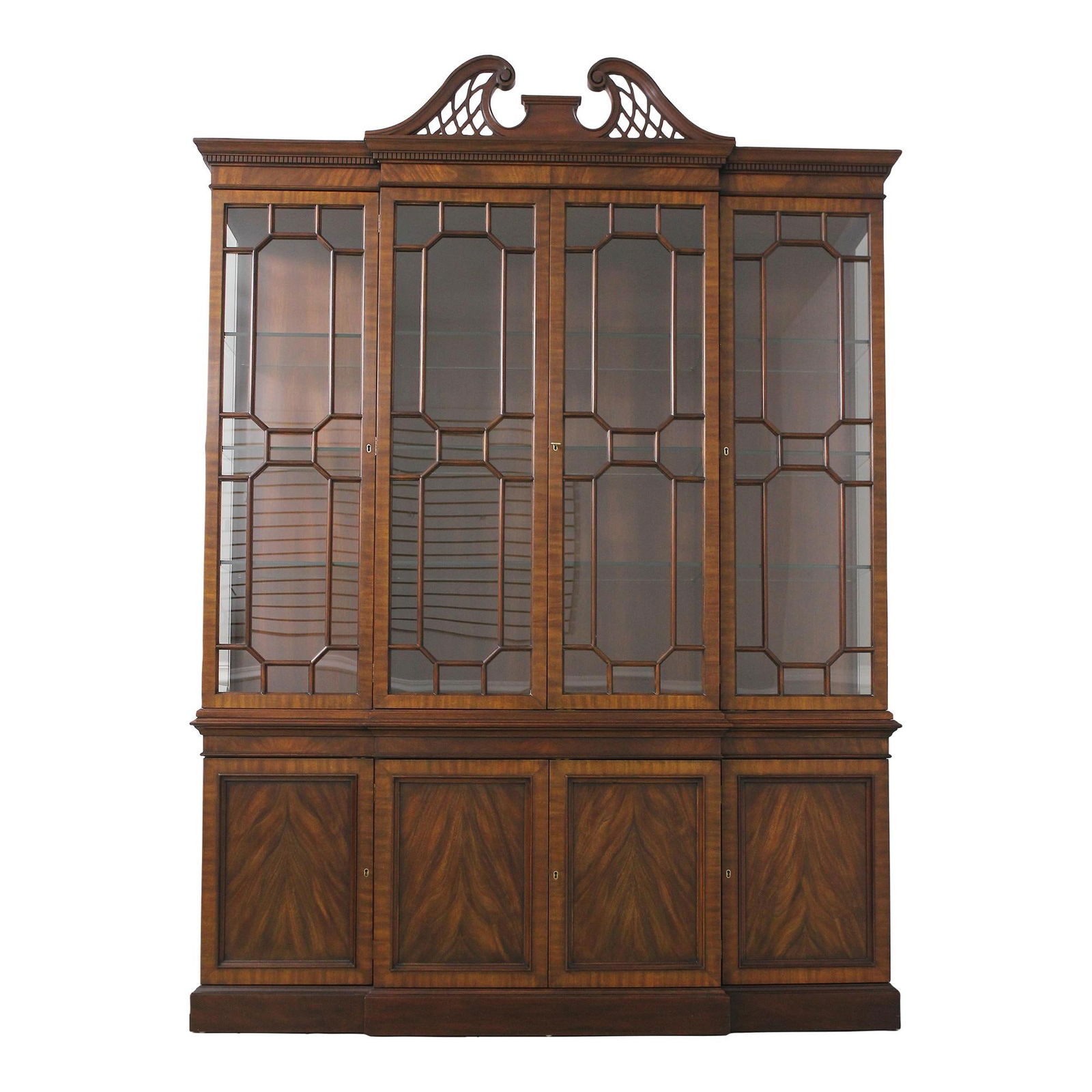 Henkel Harris #2368 Mahogany Breakfront Lighted Chippendale Style: Henkel Harris #2368 Mahogany Breakfront Lighted Chippendale Style This exquisite Henkel Harris #2368 mahogany 4-door breakfront showcases timeless craftsmanship and classic design. Crafted around 1991