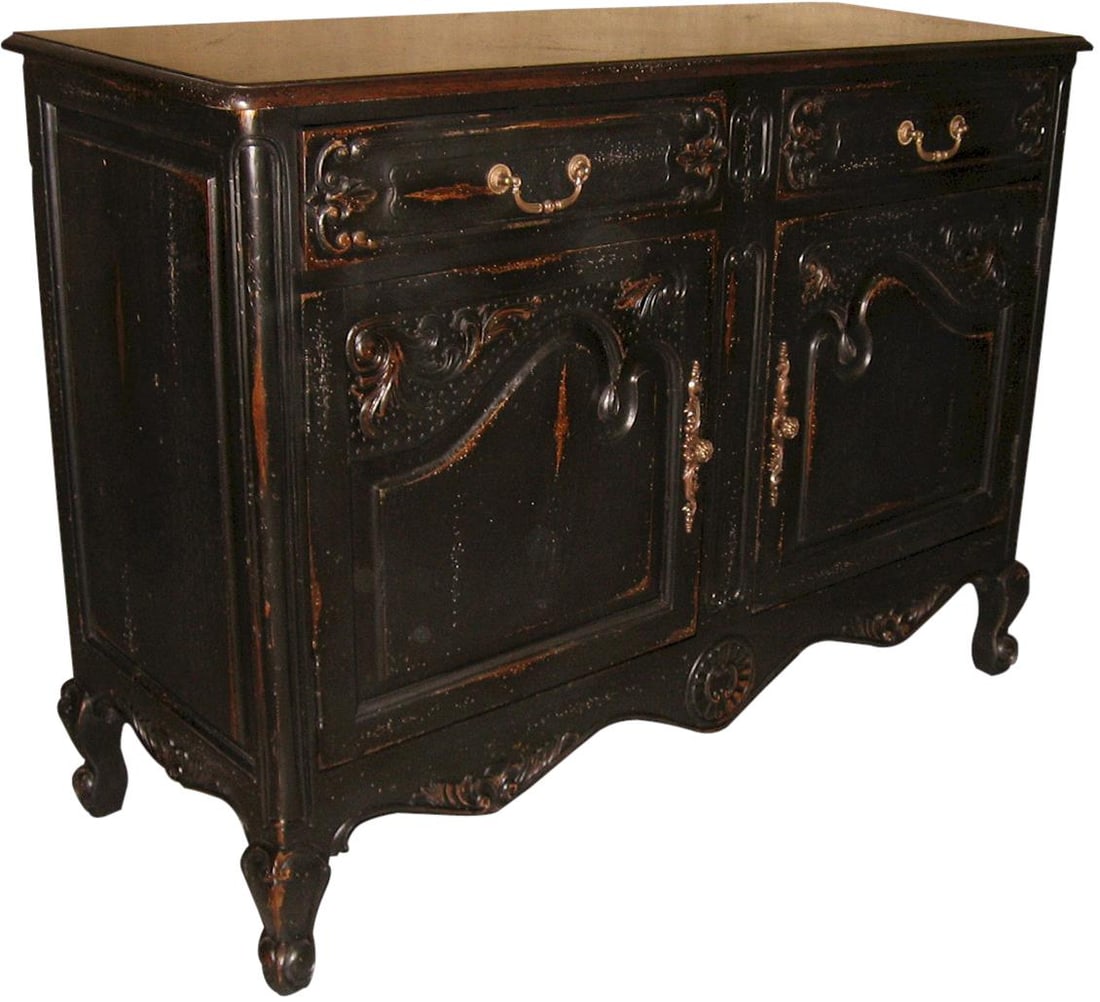 Compact Country French Sideboard Solid Wood Antiqued Blackwash: Compact Country French Sideboard Solid Wood Antiqued Blackwash Introducing a stylish Compact French Sideboard, perfect for adding a touch of elegance to any space. This small server features a charmin