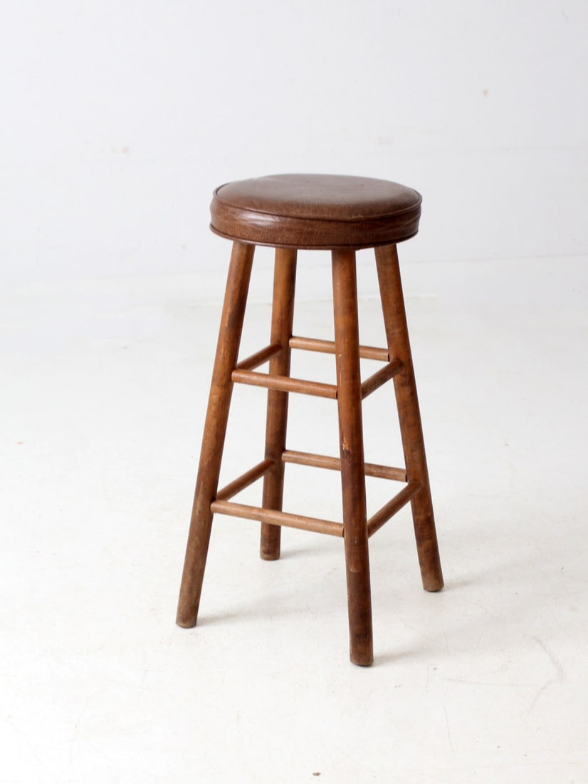 Classic Vintage Wooden Bar Stool with Faux Leather Seat (1 of 10)
