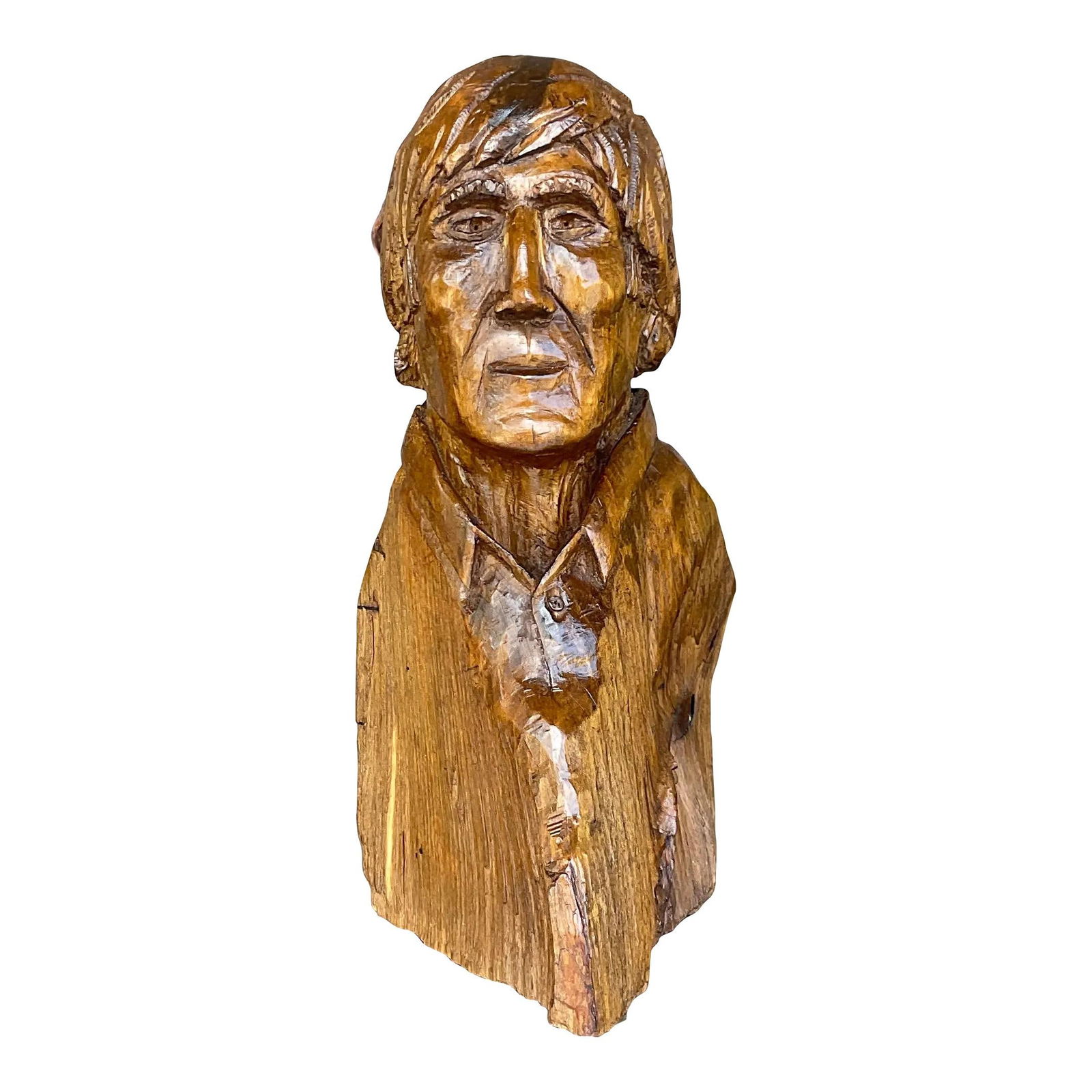 Vintage Boho Chestnut Wood Carved Bust of Man 11.5" Tall: Vintage Boho Chestnut Wood Carved Bust of Man 11.5" Tall Enhance your living space with this Vintage Boho Carved Bust of a Man, a perfect blend of bohemian style and classic American craftsmanship. Th