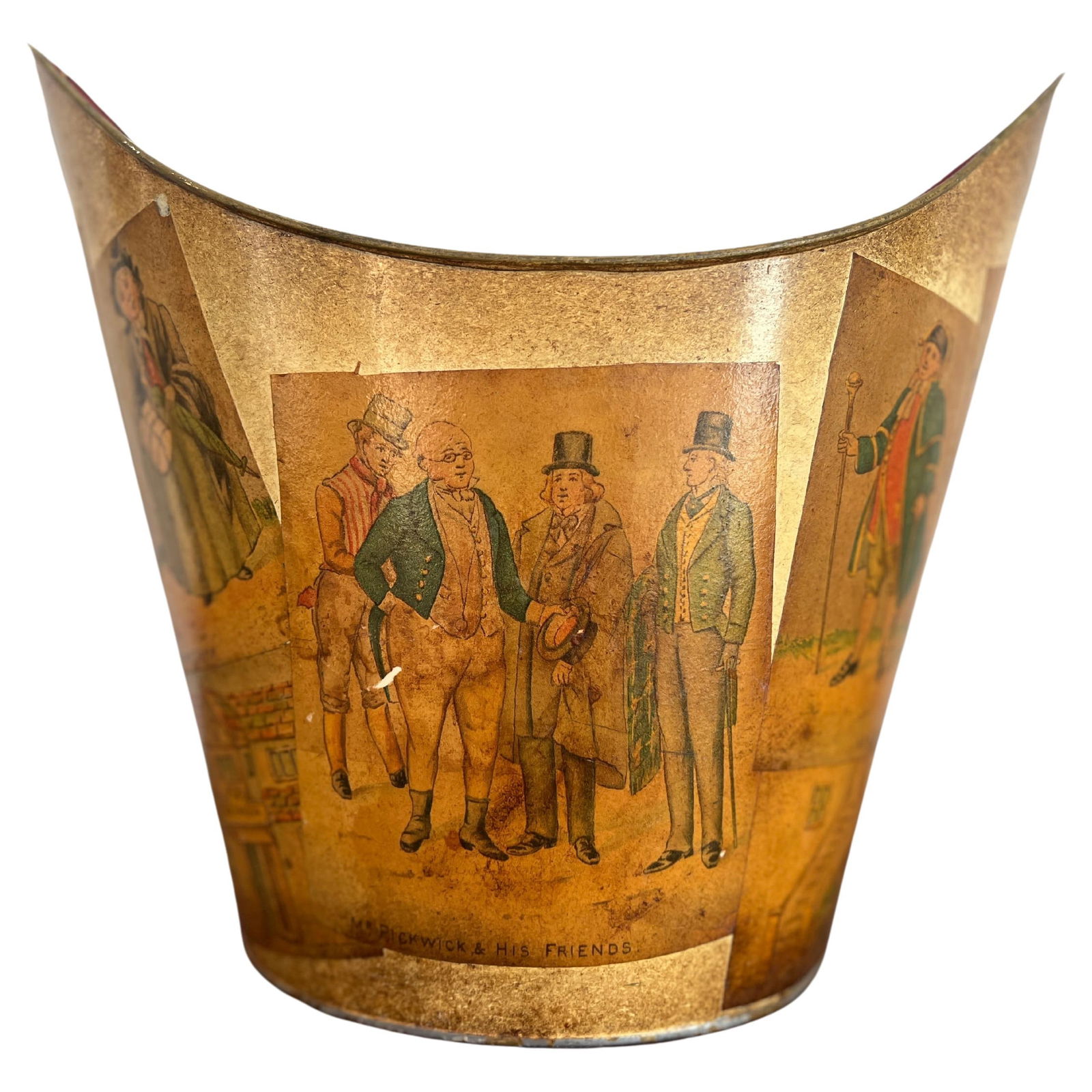 Vintage Italian Tole Bucket with Mr Pickwick Decorations: Vintage Italian Tole Bucket with Mr Pickwick Decorations This vintage tole bucket or trash can features a delightful design inspired by Mr. Pickwick & Friends, showcasing vibrant paper mache decoratio