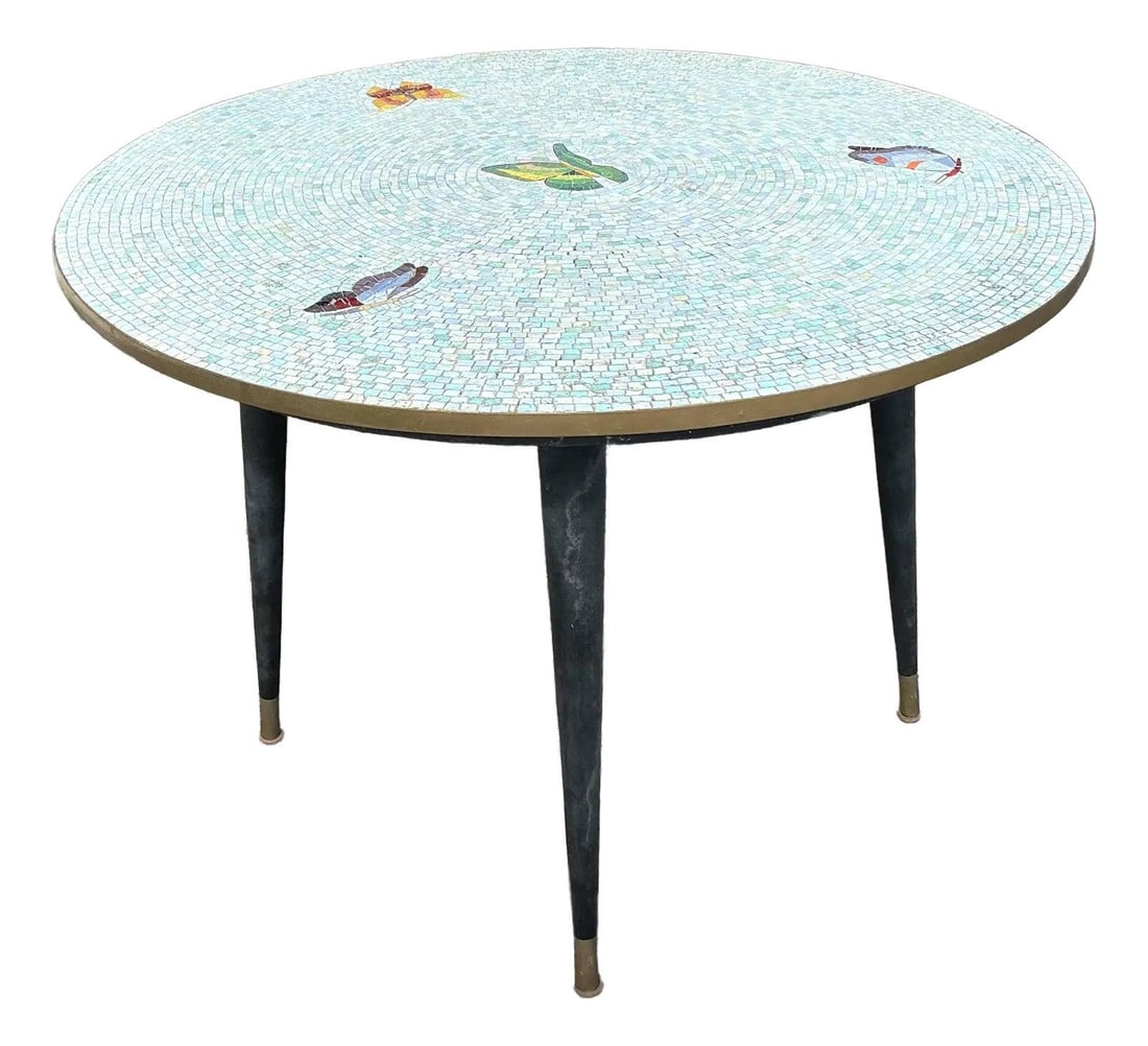Vintage Mosaic Tile Butterfly Dining Table with Metal Legs: Vintage Mosaic Tile Butterfly Dining Table with Metal Legs Enhance your dining experience with this stunning vintage mosaic tile dining table, featuring a vibrant display of colorful butterflies and b