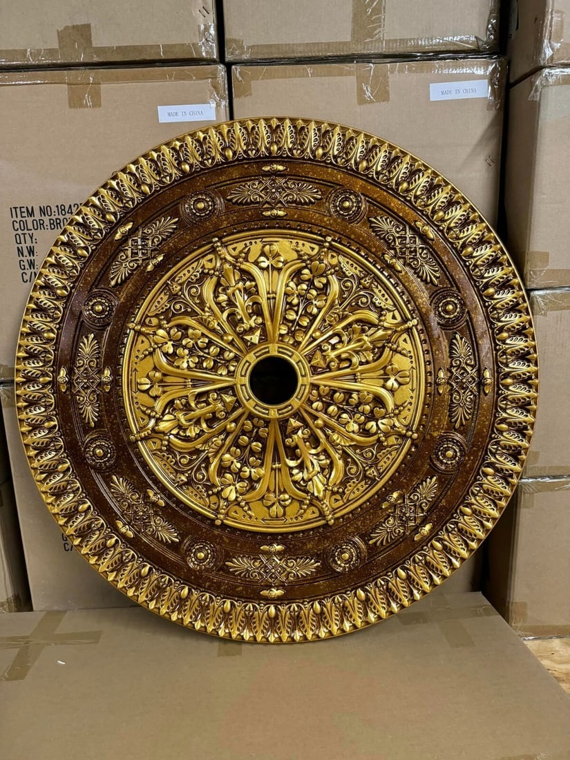 38 Round Gold Ceiling Medallion by Artistry ARP11 Antique Style: 38 Round Gold Ceiling Medallion by Artistry ARP11 Antique Style Elevate your space with this stunning 38" Round Ceiling Medallion, designed to enhance the elegance of any room. Crafted from specially