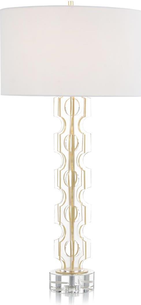 John-Richard Hollywood Regency Gold Edged Acrylic Lamp with Crystal Base: John-Richard Hollywood Regency Gold Edged Acrylic Lamp with Crystal Base Illuminate your space with this elegant Ivory Table Lamp, designed in the Hollywood Regency style. Standing at 34.5 inches tall