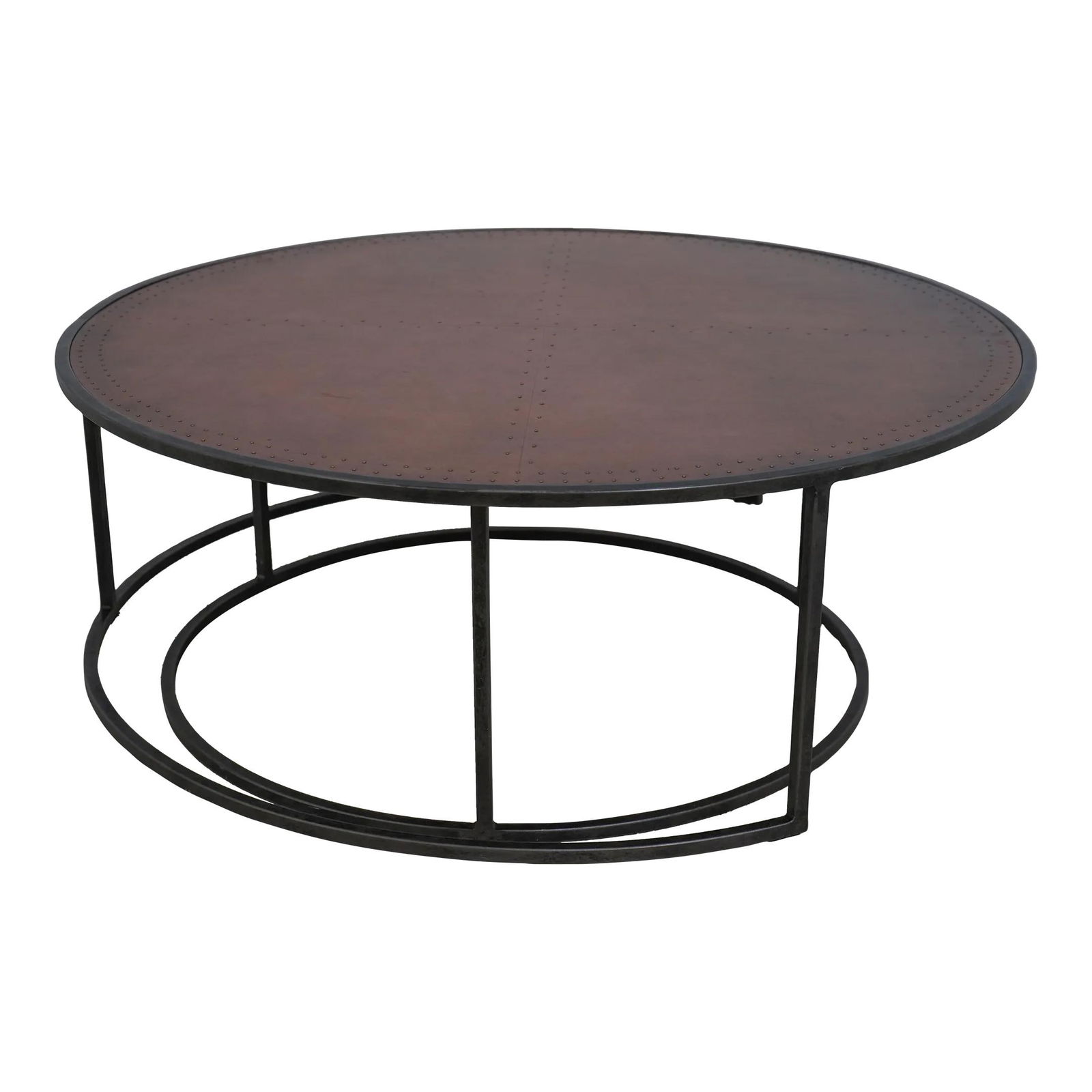 Modern Round Nesting Tables with Studded Copper Tops: Modern Round Nesting Tables with Studded Copper Tops This exquisite set of two round modern design nesting tables features stunning studded copper tops with a distinctive metal base finished in an age