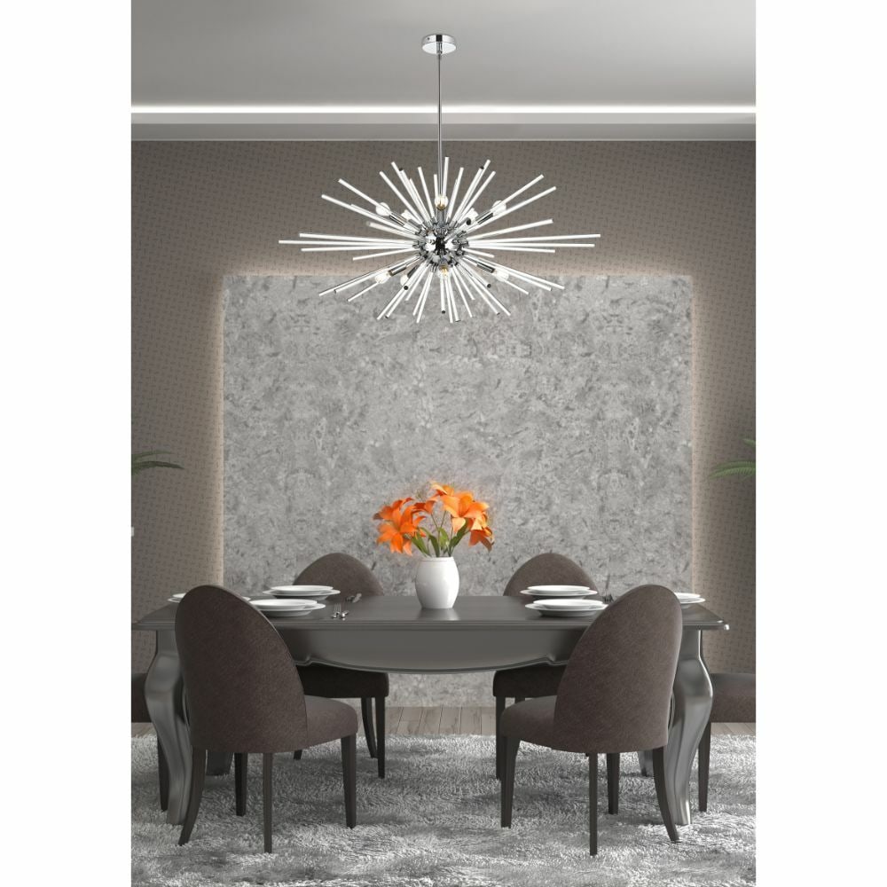 Elegant Lighting Sienna 10-Light Chrome Sputnik Chandelier 42in Adjustable: Elegant Lighting Sienna 10-Light Chrome Sputnik Chandelier 42in Adjustable Enhance your space with this stunning Large Sputnik Chandelier featuring a chrome-plated frame and clear glass rods. With a m