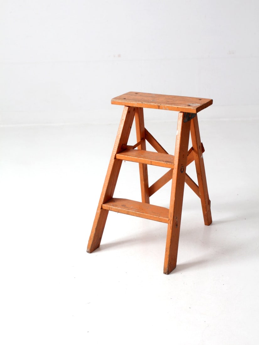 Vintage Pumpkin Orange Wooden Step Ladder with Two Steps (1 of 11)
