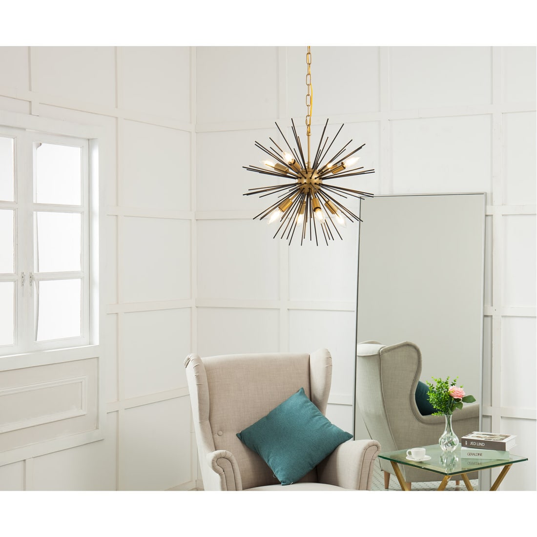 Timber 8-Light Brass and Black Modern Chandelier 20 Inch: Timber 8-Light Brass and Black Modern Chandelier 20 Inch Elevate your space with this stunning 20-inch Modern Sputnik Chandelier, featuring a striking combination of brass and black finishes. Designed