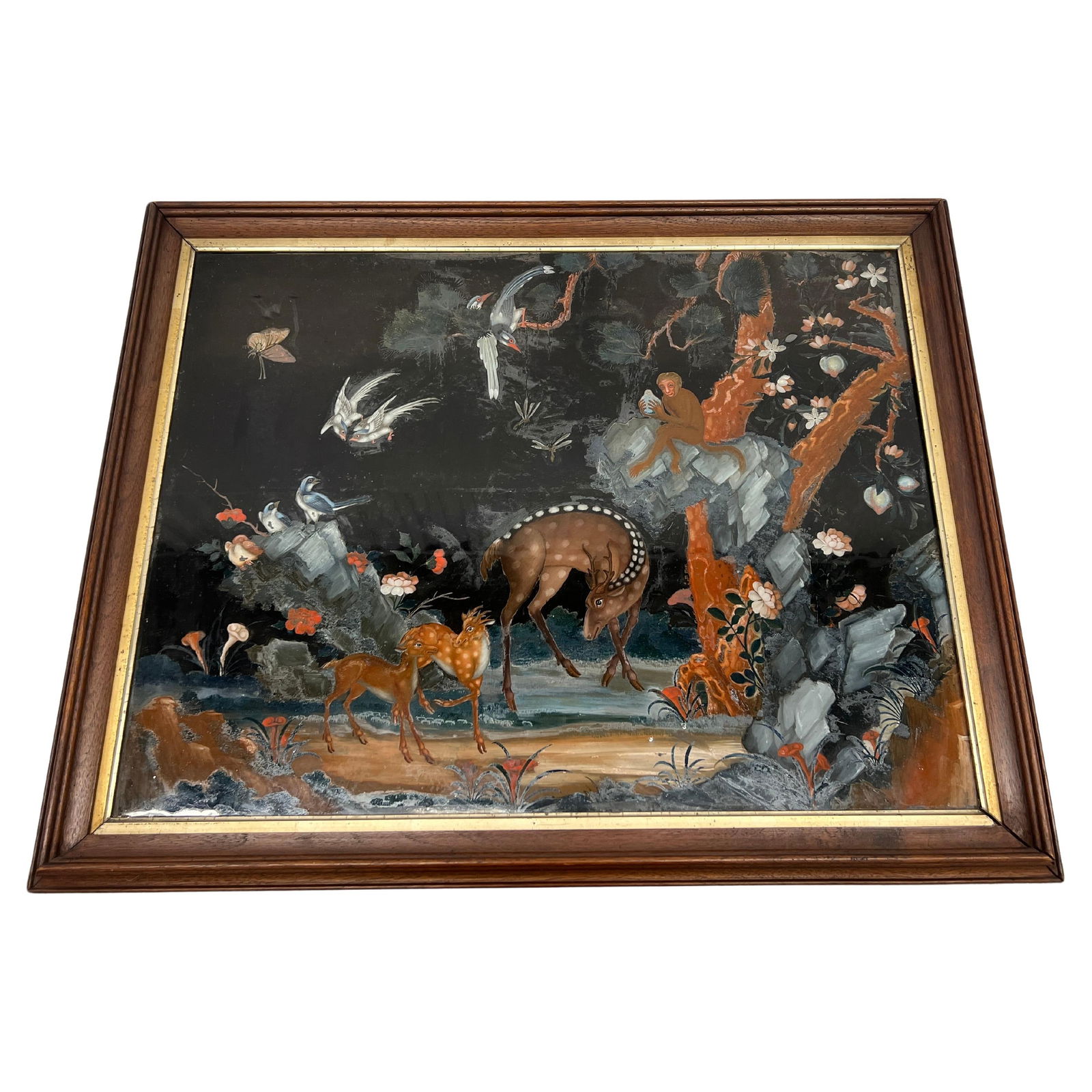 Early 19th Century Chinese Export Reverse Glass Painting Deer Monkeys Wildlife: Early 19th Century Chinese Export Reverse Glass Painting Deer Monkeys Wildlife This stunning early 19th-century Chinese export reverse glass painting showcases a tranquil scene featuring deer, monkeys