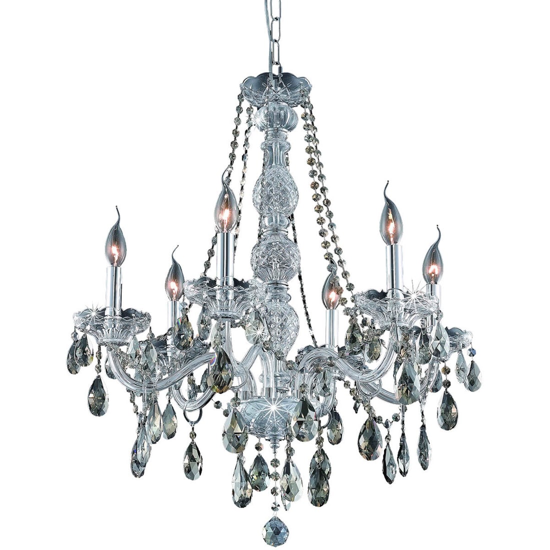 Elegant Verona 6-Light Chrome Chandelier with Golden Teak Crystals: Elegant Verona 6-Light Chrome Chandelier with Golden Teak Crystals Illuminate your space with this stunning 6-light chandelier featuring exquisite golden teak crystals and a polished chrome finish. De