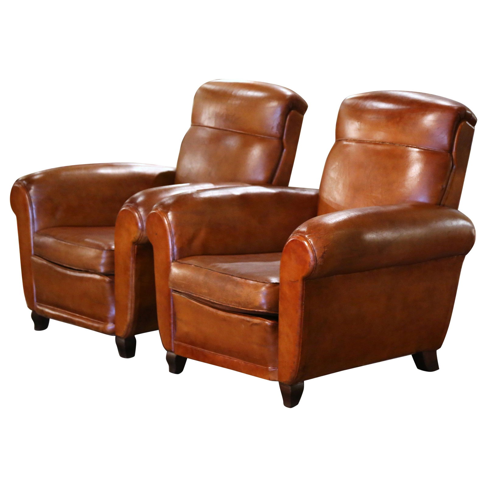 1920s French Art Deco Club Armchairs Set of 2 Brown Leather (1 of 11)