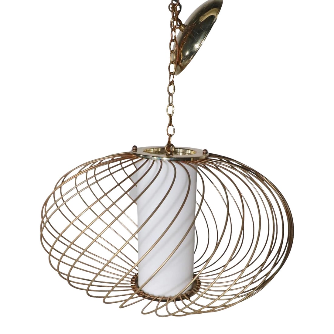 Mid Century Brass Swirl Cage Chandelier with White Glass Shade: Mid Century Brass Swirl Cage Chandelier with White Glass Shade Illuminate your space with this chic mid-century swirl cage chandelier. This stylish hanging fixture features a unique swirl pattern meta