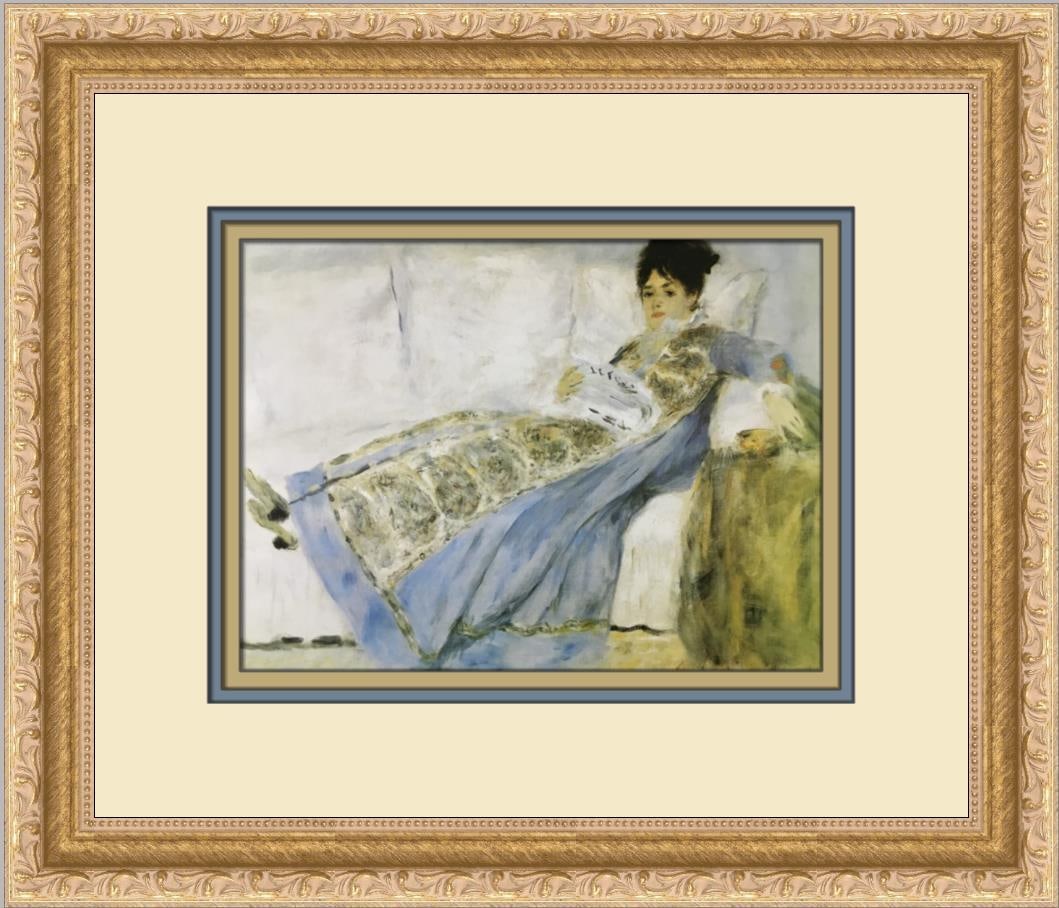 Pierre-Auguste Renoir Mme Monet Reading Le Figaro Framed Print 14x14: Pierre-Auguste Renoir Mme Monet Reading Le Figaro Framed Print 14x14 This exquisite custom framed print features the renowned artwork 'Mme Monet Reading Le Figaro' by the celebrated artist Pierre-Augu