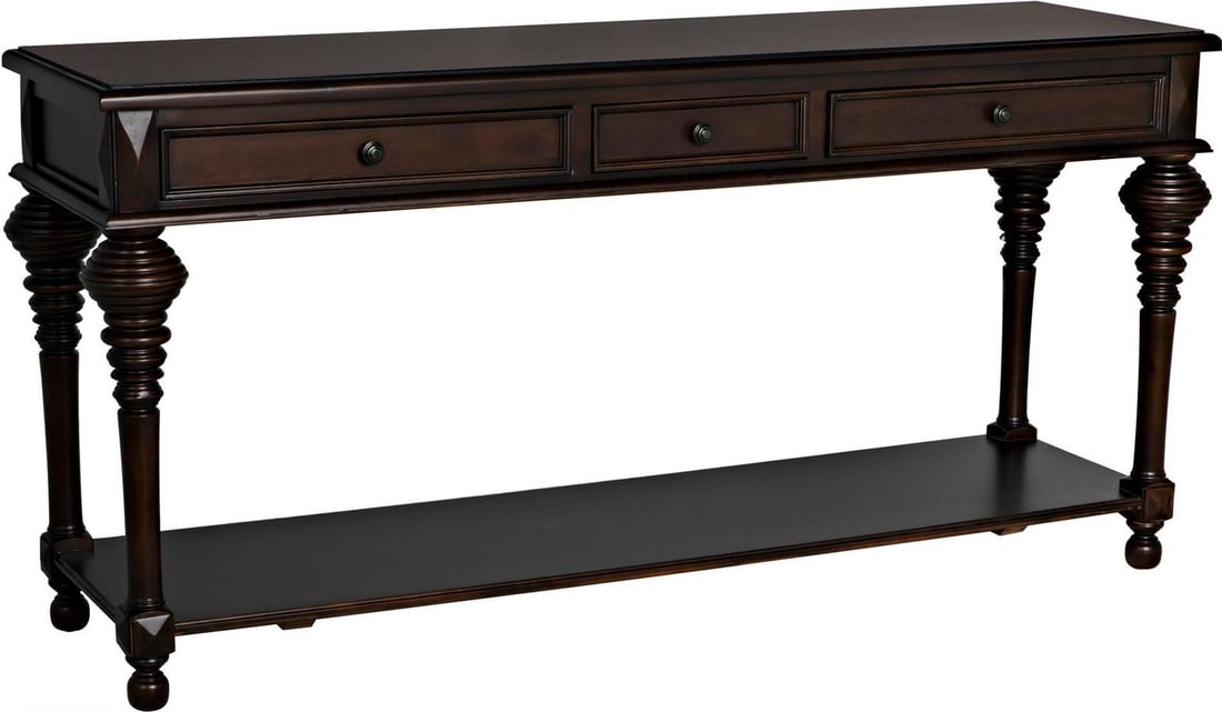 Colonial Style Large Sofa Table by Noir Distressed Brown Birch Veneer: Colonial Style Large Sofa Table by Noir Distressed Brown Birch Veneer Introducing a stunning large sofa table that embodies the charm of colonial style. This piece is crafted from birch veneer and fea