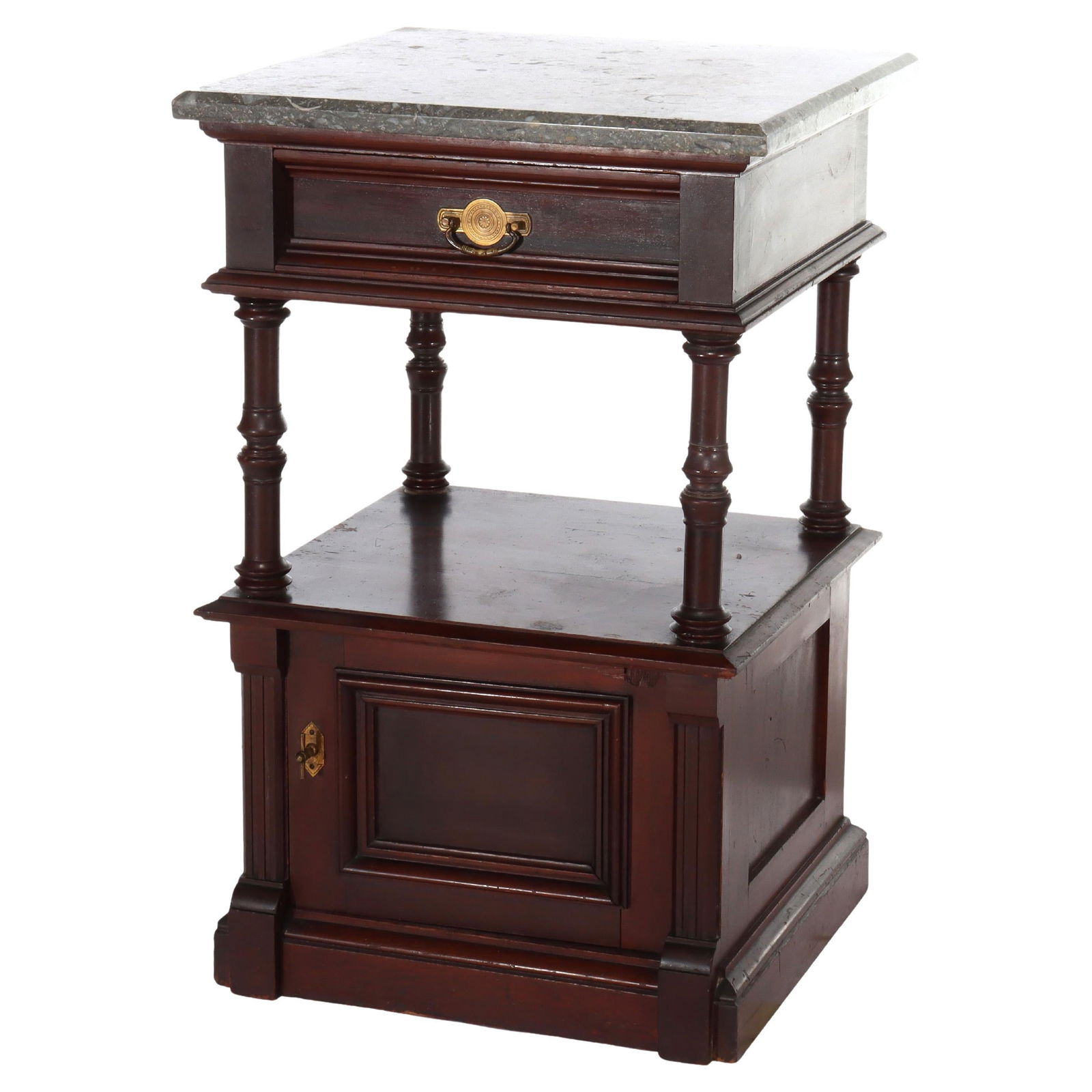 Antique Renaissance Revival Walnut Burl Commode with Marble Top c1890: Antique Renaissance Revival Walnut Burl Commode with Marble Top c1890 This exquisite Antique Renaissance Revival commode, crafted circa 1890, features a stunning combination of walnut and burl wood. I