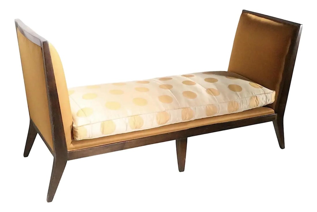 Swaim Directoire Revival Style Window Bench Gold Upholstered: Swaim Directoire Revival Style Window Bench Gold Upholstered This glamorous Directoire Revival Style Window Bench by Swaim is a stunning addition to any space, showcasing a sophisticated tailored prof