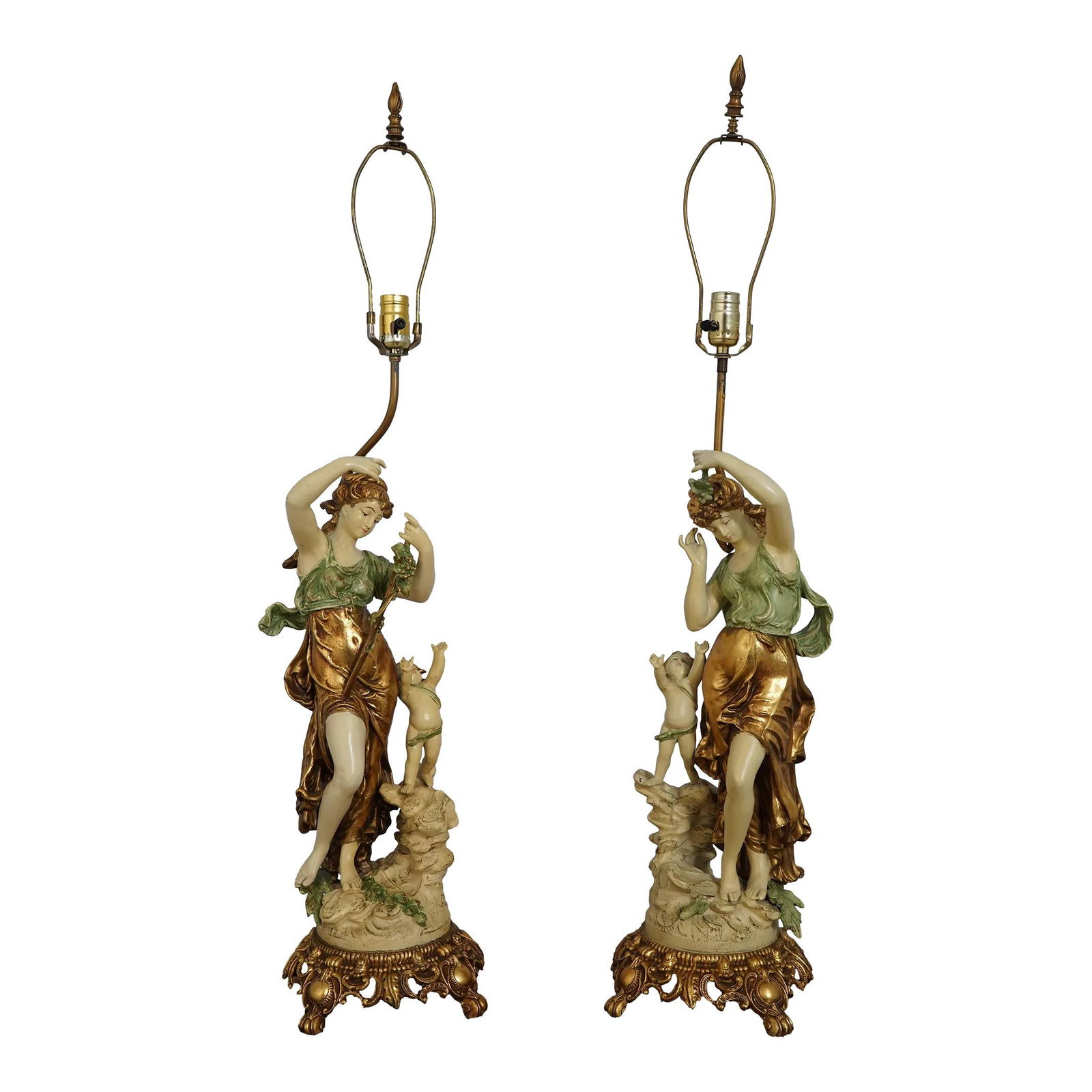Rare Pair Vintage Louis L&F Moreau Gold Leaf Table Lamps 1930s: Rare Pair Vintage Louis L&F Moreau Gold Leaf Table Lamps 1930s This remarkable pair of vintage decorative figural table lamps, crafted by Louis L&f Moreau in the 1930s, showcases impressive artistry.