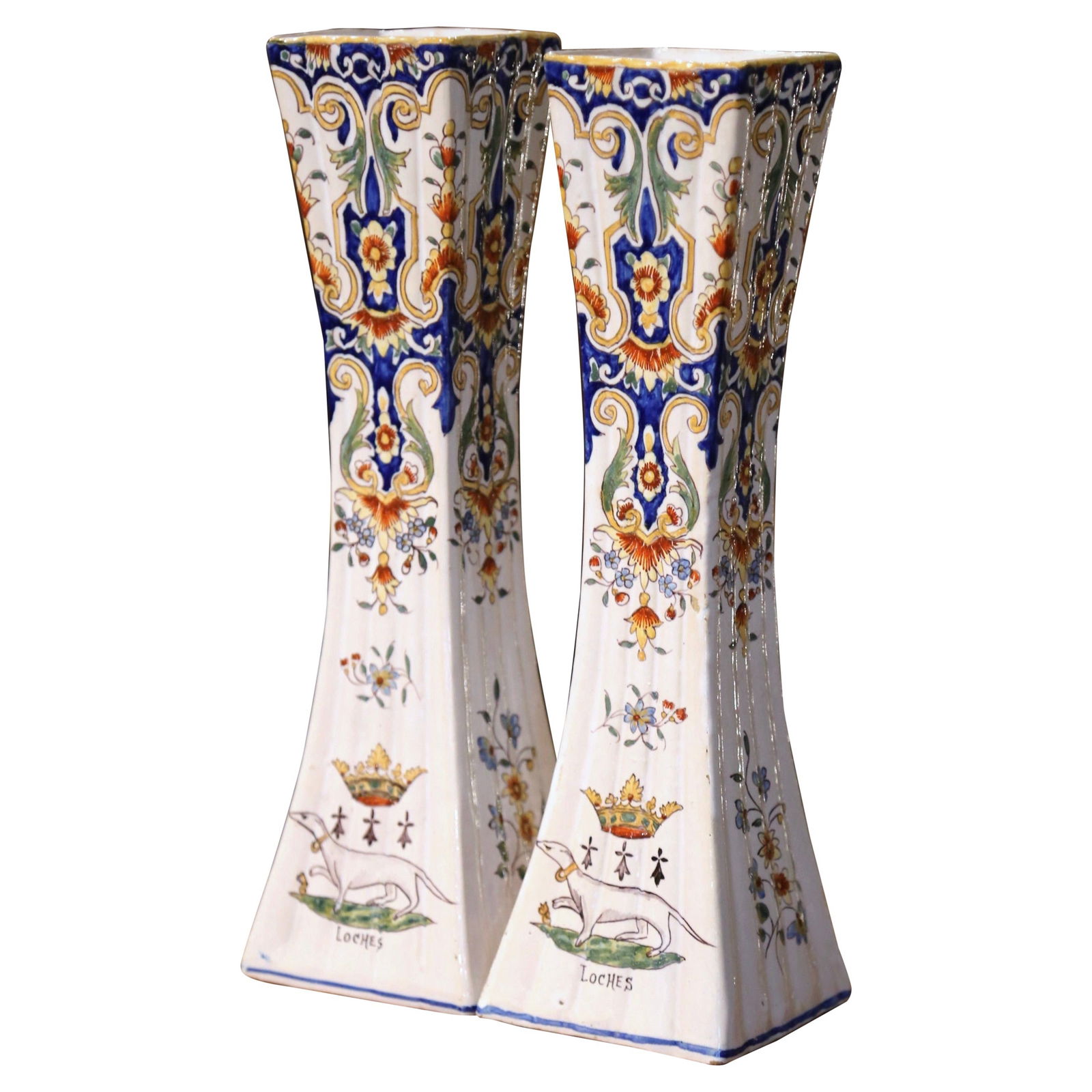 19th Century French Hand Painted Faience Trumpet Vases Set of 2: 19th Century French Hand Painted Faience Trumpet Vases Set of 2 Enhance your home decor with this exquisite pair of 19th-century French hand-painted faience trumpet vases, attributed to Rouen and craf