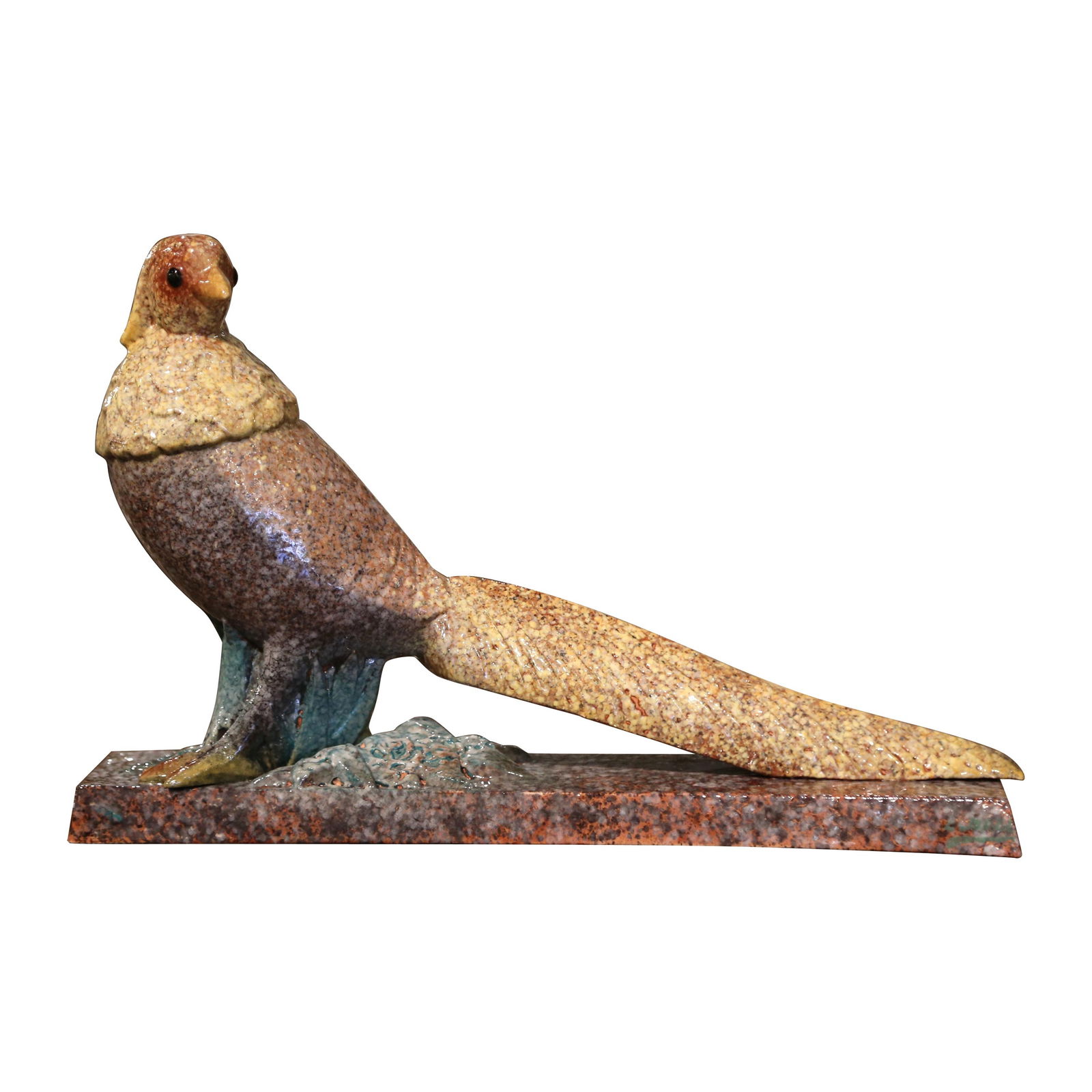 Louis Dage Art Deco Painted Faience Pheasant Sculpture 1930: Louis Dage Art Deco Painted Faience Pheasant Sculpture 1930 This exquisite Early 20th Century French Painted Faience Pheasant Sculpture is a stunning piece signed by the renowned artist Louis Auguste