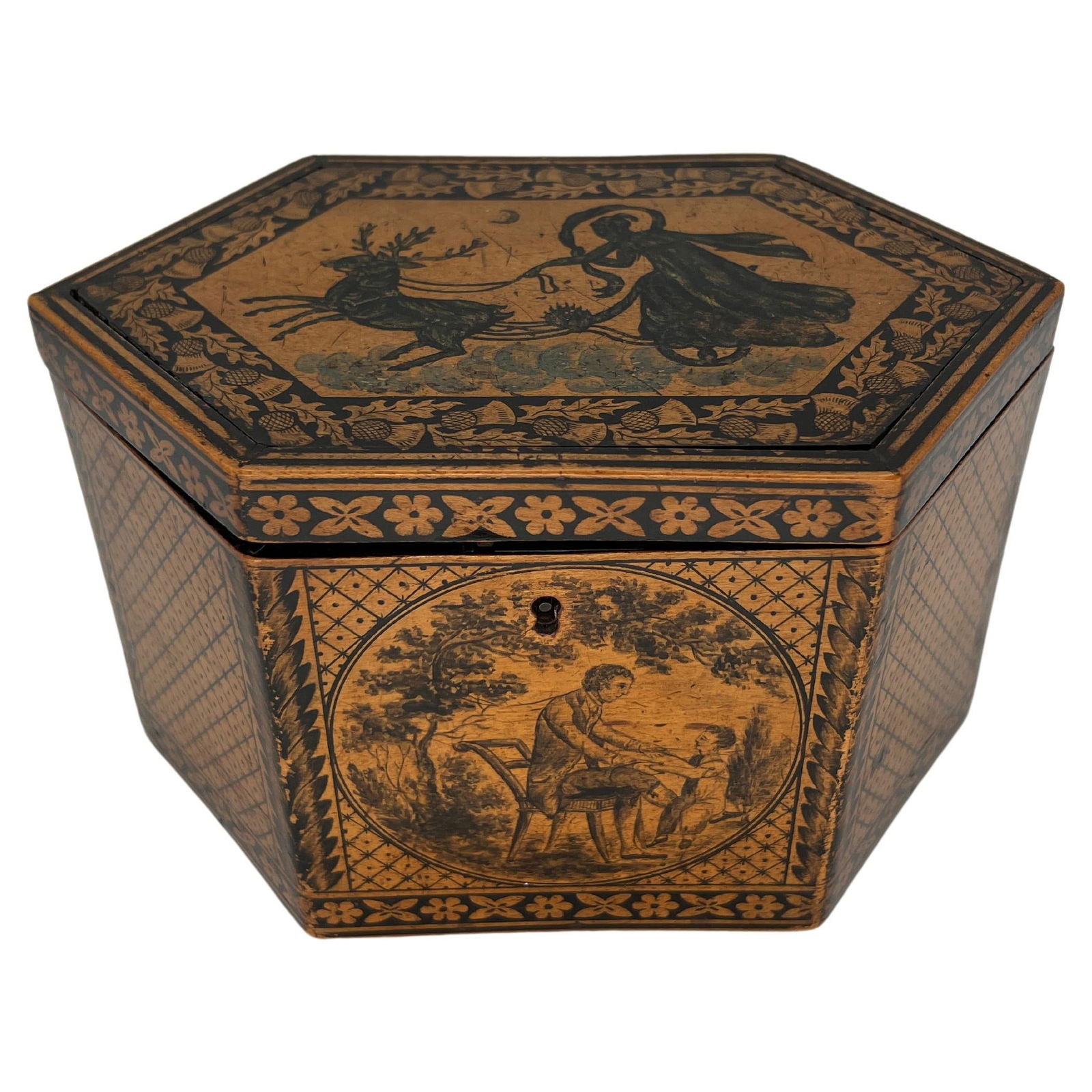C. 1870 Regency Tunbridge Ware Penwork Tea Caddy Box England: C. 1870 Regency Tunbridge Ware Penwork Tea Caddy Box England This exquisite Regency Tea Caddy Box, crafted circa 1870, showcases the fine artistry of English Tunbridge Ware and Penwork. Constructed fr
