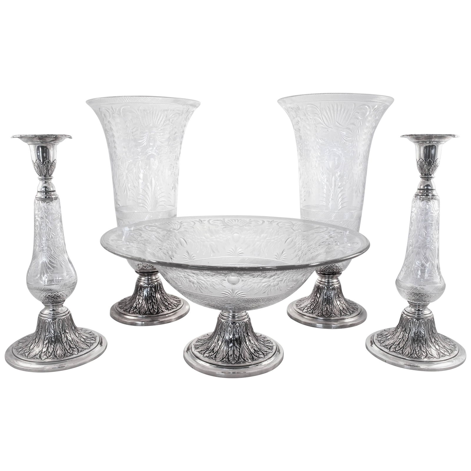 Gorham 1929 Five Piece Sterling Silver and Crystal Set: Gorham 1929 Five Piece Sterling Silver and Crystal Set Introducing an exquisite Five Piece Sterling and Crystal Suite, a stunning collection that beautifully merges the artistry of silver and crystal.
