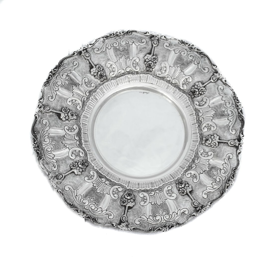 Handmade 925 Sterling Silver Floral Embossed Round Plate Tray 10.50 Inches (1 of 5)