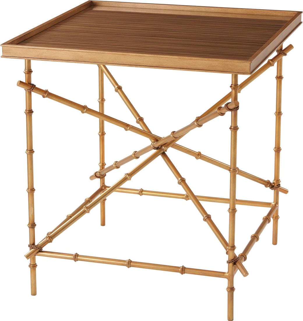 Theodore Alexander Ingrid Painted Gold Square Side Table: Theodore Alexander Ingrid Painted Gold Square Side Table Introducing the Elegant Painted Gold Ingrid Side Table, a stunning addition to your home decor. This transitional style side table features a b
